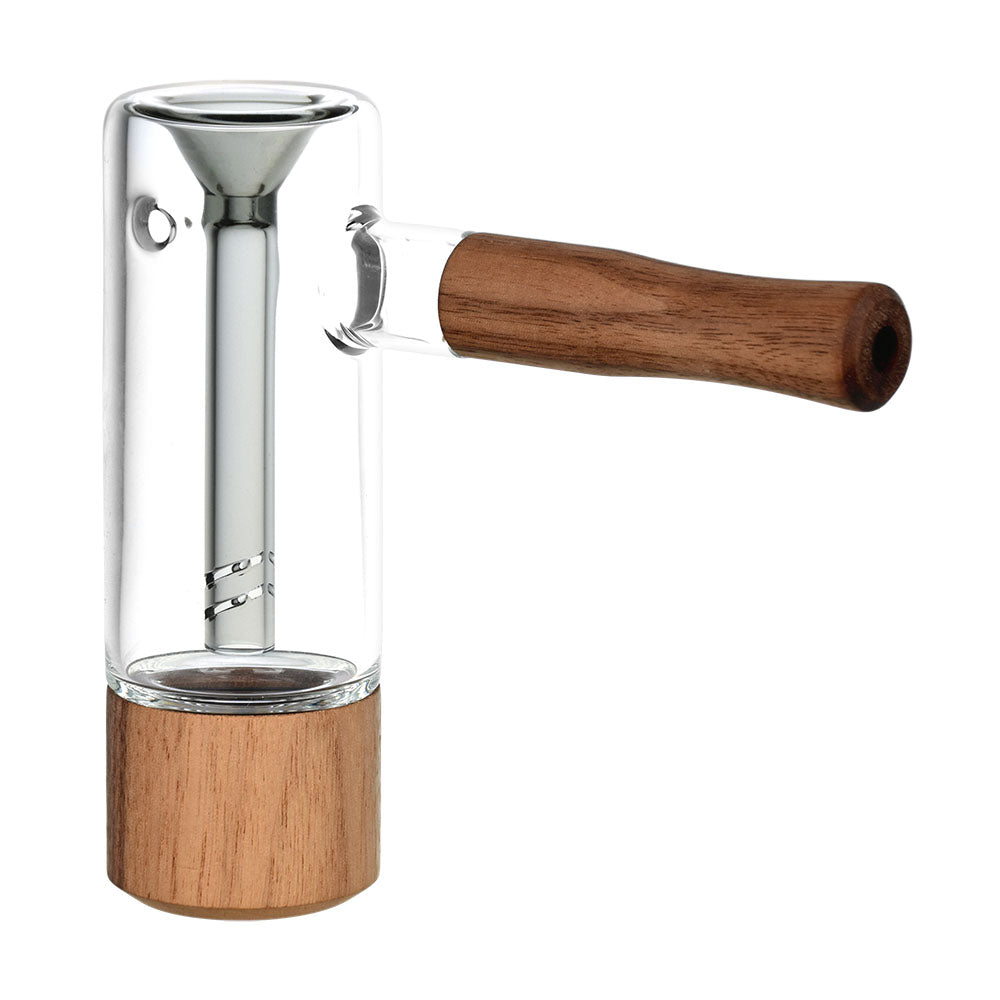 A front view of the Afterswarm Bubbler, featuring a clear glass bowl connected to a wooden base. A front view of the Afterswarm Bubbler, featuring a clear glass bowl connected to a wooden base.