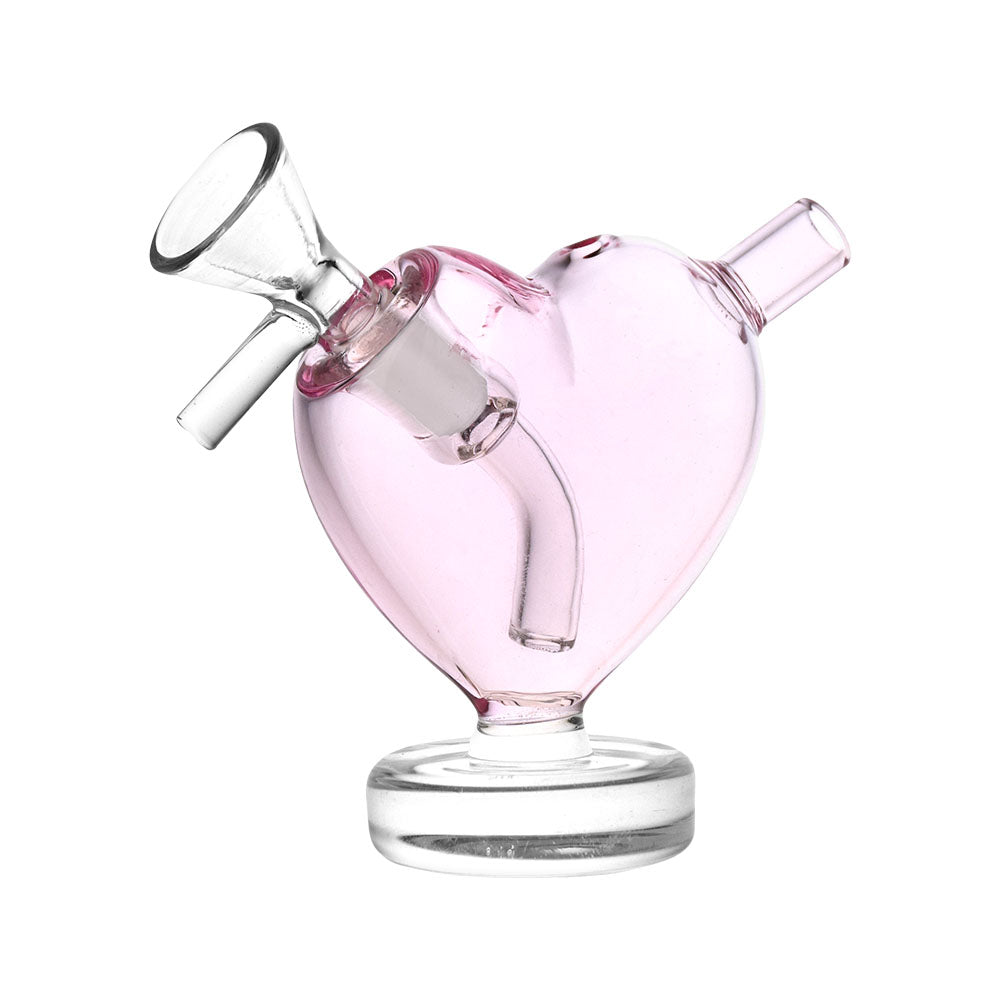 From The Heart Glass Mini Bubbler shown in a close-up, angled view of the clear glass bubbler. From The Heart Glass Mini Bubbler shown in a close-up, angled view of the clear glass bubbler.