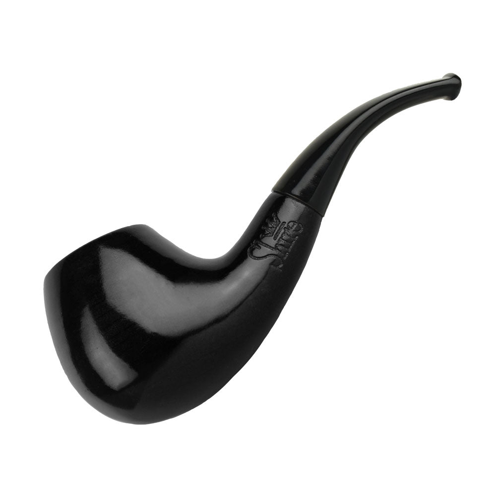 A side view of the Bent Ebony Cherry Wood Shire Pipe, showcasing its curved design and polished dark finish. A side view of the Bent Ebony Cherry Wood Shire Pipe, showcasing its curved design and polished dark finish.