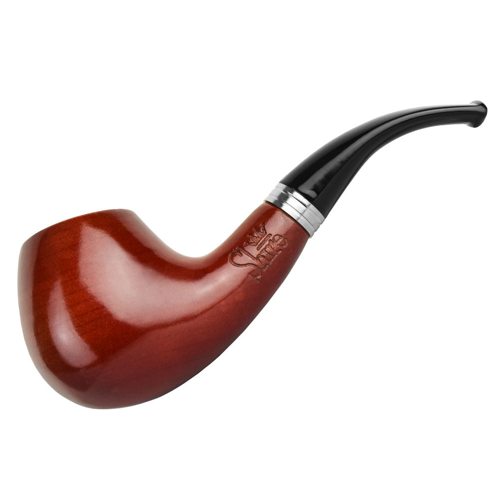 A side view of the Bent Apple Cherry Wood Shire Pipe, showcasing its curved bowl and polished wood finish. A side view of the Bent Apple Cherry Wood Shire Pipe, showcasing its curved bowl and polished wood finish.