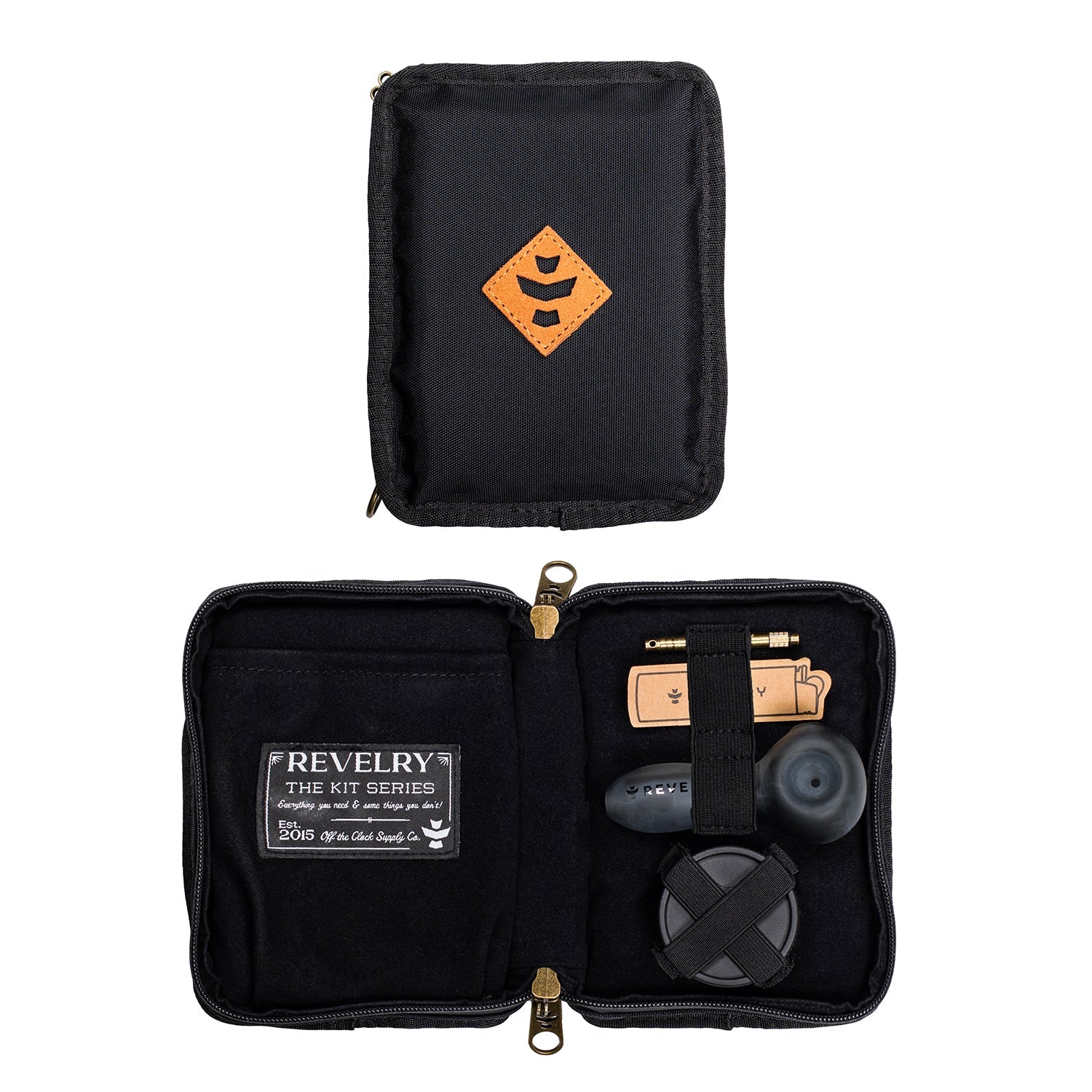 Front view of the Smell Proof Kit by The Pipe Kit, a closed, black, zippered carrying case with a subtle logo. Front view of the Smell Proof Kit by The Pipe Kit, a closed, black, zippered carrying case with a subtle logo.
