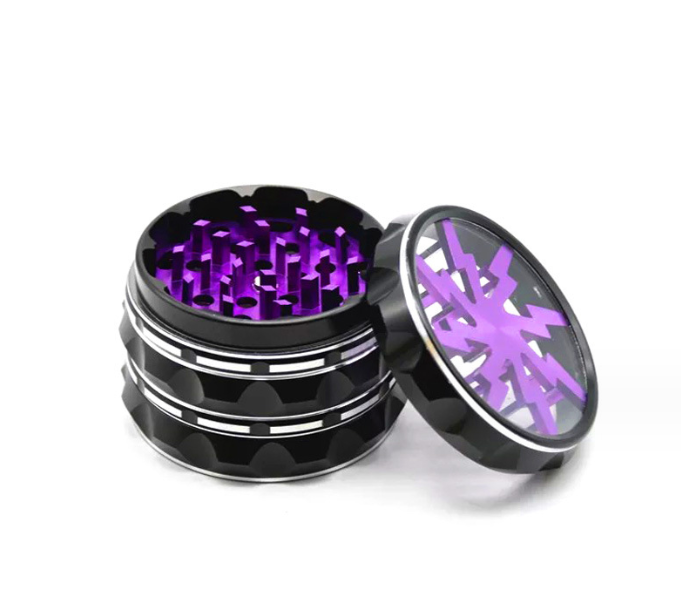 A top-down view of the open 4 Piece Aluminum Grip Edge Lighting Teeth Transparent Lid Grinder, displaying its layered teeth and clear lid. A top-down view of the open 4 Piece Aluminum Grip Edge Lighting Teeth Transparent Lid Grinder, displaying its layered teeth and clear lid.