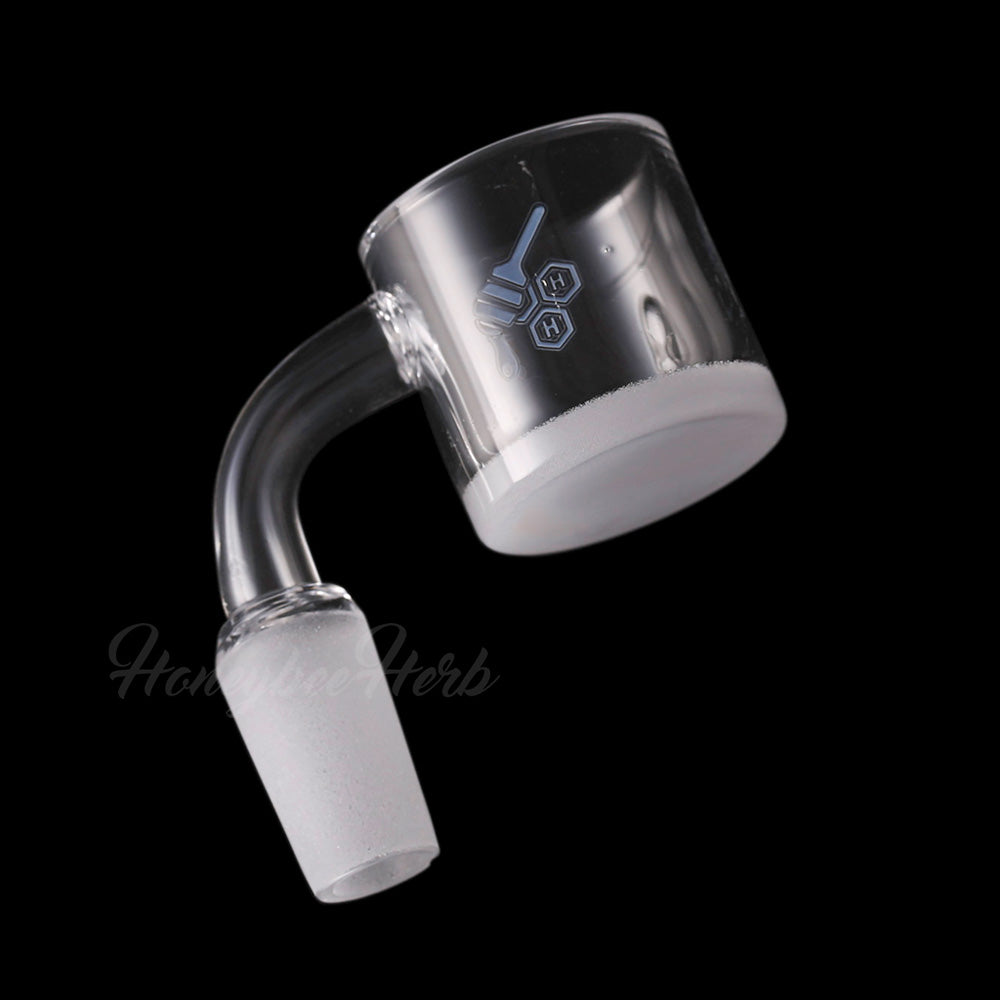 A side view of the Honey & Milk XL Bevel Quartz Banger with a yellow line, showcasing its angled joint and transparent quartz construction. A side view of the Honey & Milk XL Bevel Quartz Banger with a yellow line, showcasing its angled joint and transparent quartz construction.