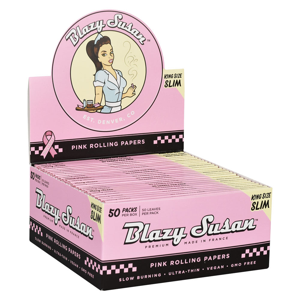 Front view of Pink Rolling Papers packaging, featuring a colorful, stylized logo and product details on a bright background. Front view of Pink Rolling Papers packaging, featuring a colorful, stylized logo and product details on a bright background.