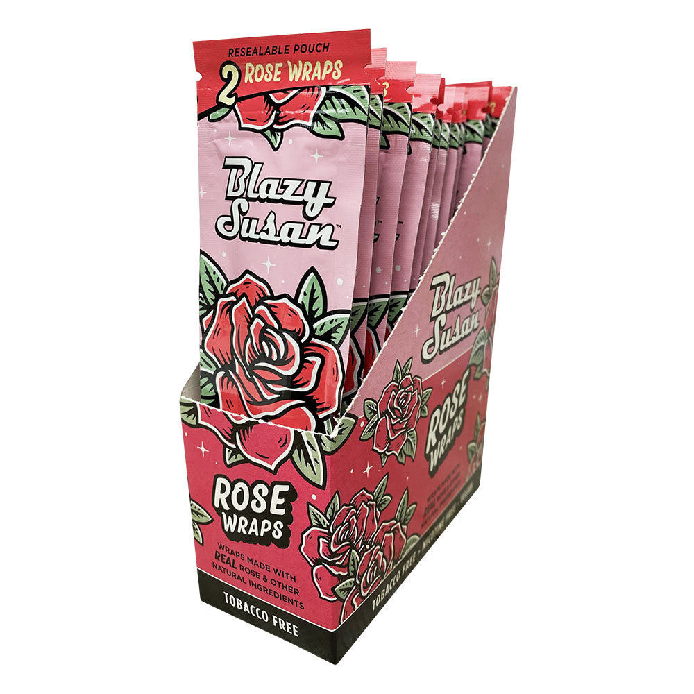 Front view of Rose Wraps packaging, featuring a floral design and the brand name in bold lettering against a dark background. Front view of Rose Wraps packaging, featuring a floral design and the brand name in bold lettering against a dark background.