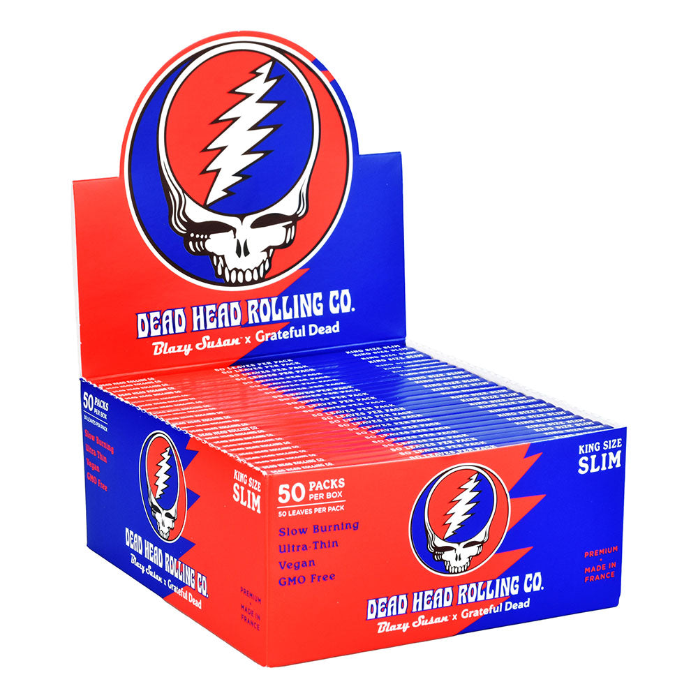 Front view of Grateful Dead Rolling Papers packaging, displaying bold graphics and text on a rectangular, retail-ready box. Front view of Grateful Dead Rolling Papers packaging, displaying bold graphics and text on a rectangular, retail-ready box.