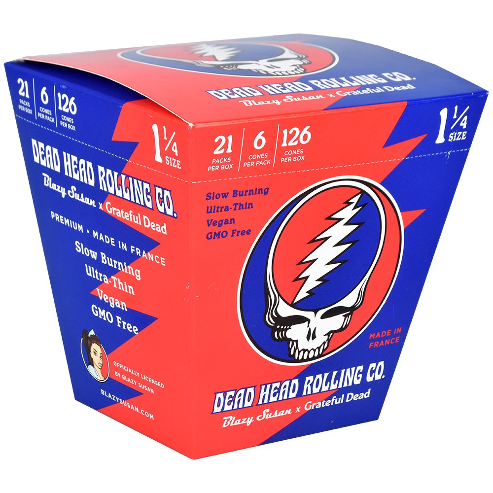 Front view of the Grateful Dead Pre-Rolled Cones packaging, displaying a colorful design with text indicating 21 cones per pack. Front view of the Grateful Dead Pre-Rolled Cones packaging, displaying a colorful design with text indicating 21 cones per pack.