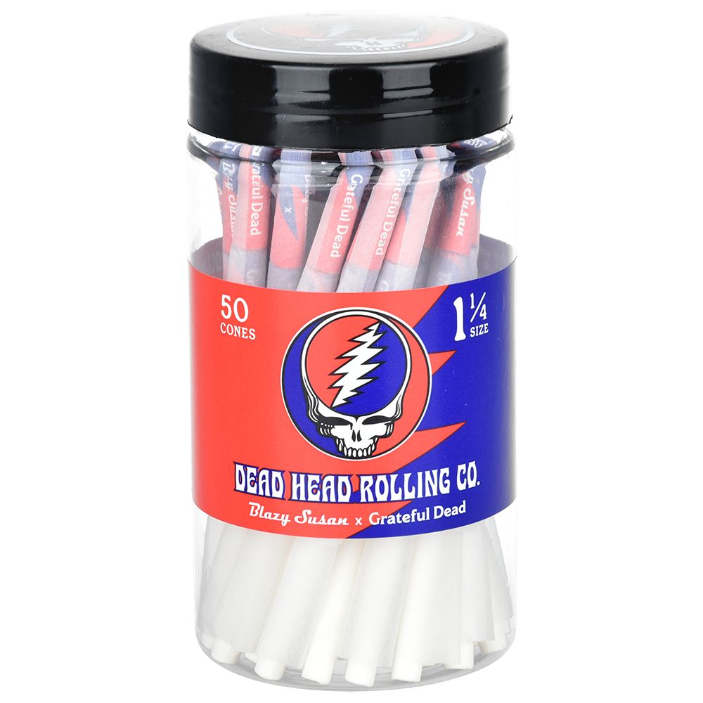 A jar filled with pre-rolled cones from Grateful Dead, shown from a slight angle against a plain background. A jar filled with pre-rolled cones from Grateful Dead, shown from a slight angle against a plain background.