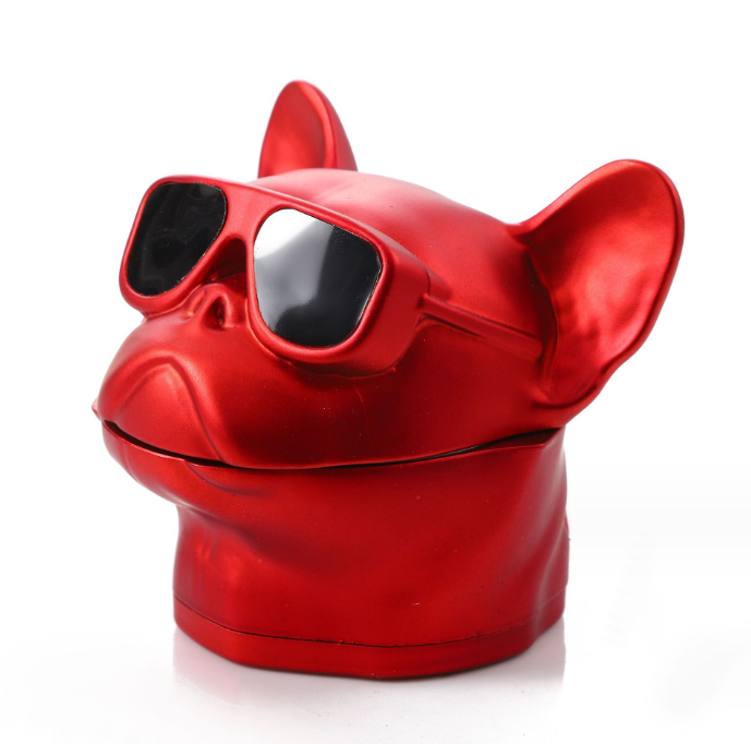 Front view of the French Bulldog Grinder, a red ceramic grinder shaped like a bulldog’s head, set against a plain white background. Front view of the French Bulldog Grinder, a red ceramic grinder shaped like a bulldog’s head, set against a plain white background.