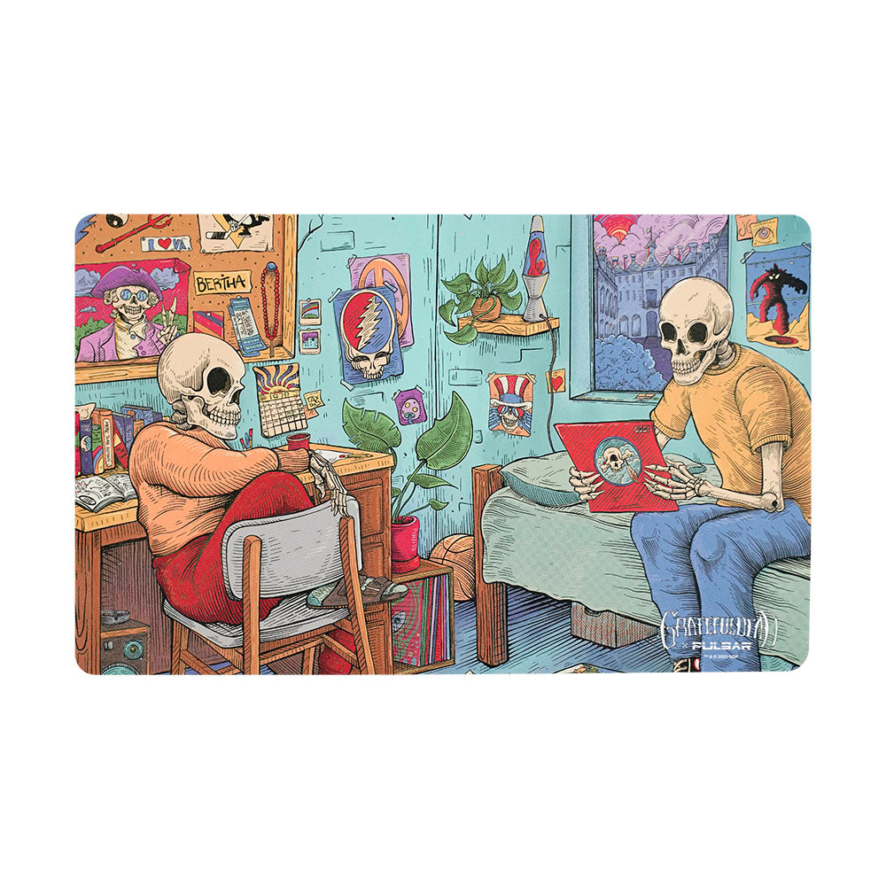 A whimsical overhead view of the DabPadz - Roomies Dab Mat depicting two skeletons at a desk in a colorful room. A whimsical overhead view of the DabPadz - Roomies Dab Mat depicting two skeletons at a desk in a colorful room.