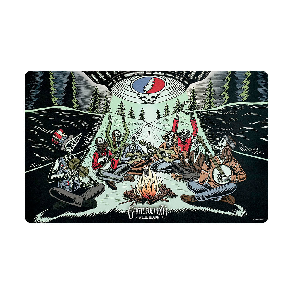 The DabPadz - Close Encounters Dab Mat shows a top-down view of alien figures gathered around a glowing orb on a dark background. The DabPadz - Close Encounters Dab Mat shows a top-down view of alien figures gathered around a glowing orb on a dark background.