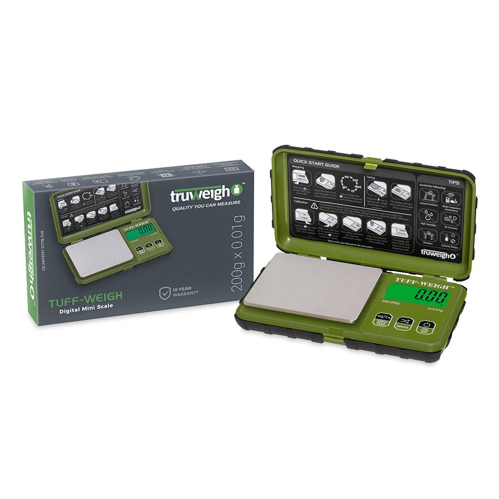 A top-down view of the Tuff-Weigh Digital Mini Scale – 200g x 0.01g, displaying its black surface and digital readout. A top-down view of the Tuff-Weigh Digital Mini Scale – 200g x 0.01g, displaying its black surface and digital readout.