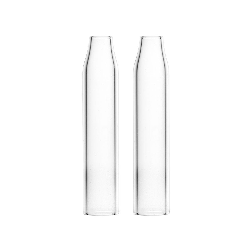 Front view of the two Seahorse Pro Plus Replacement Glass Mouthpieces, showcasing their clear glass construction and cylindrical shape. Front view of the two Seahorse Pro Plus Replacement Glass Mouthpieces, showcasing their clear glass construction and cylindrical shape.