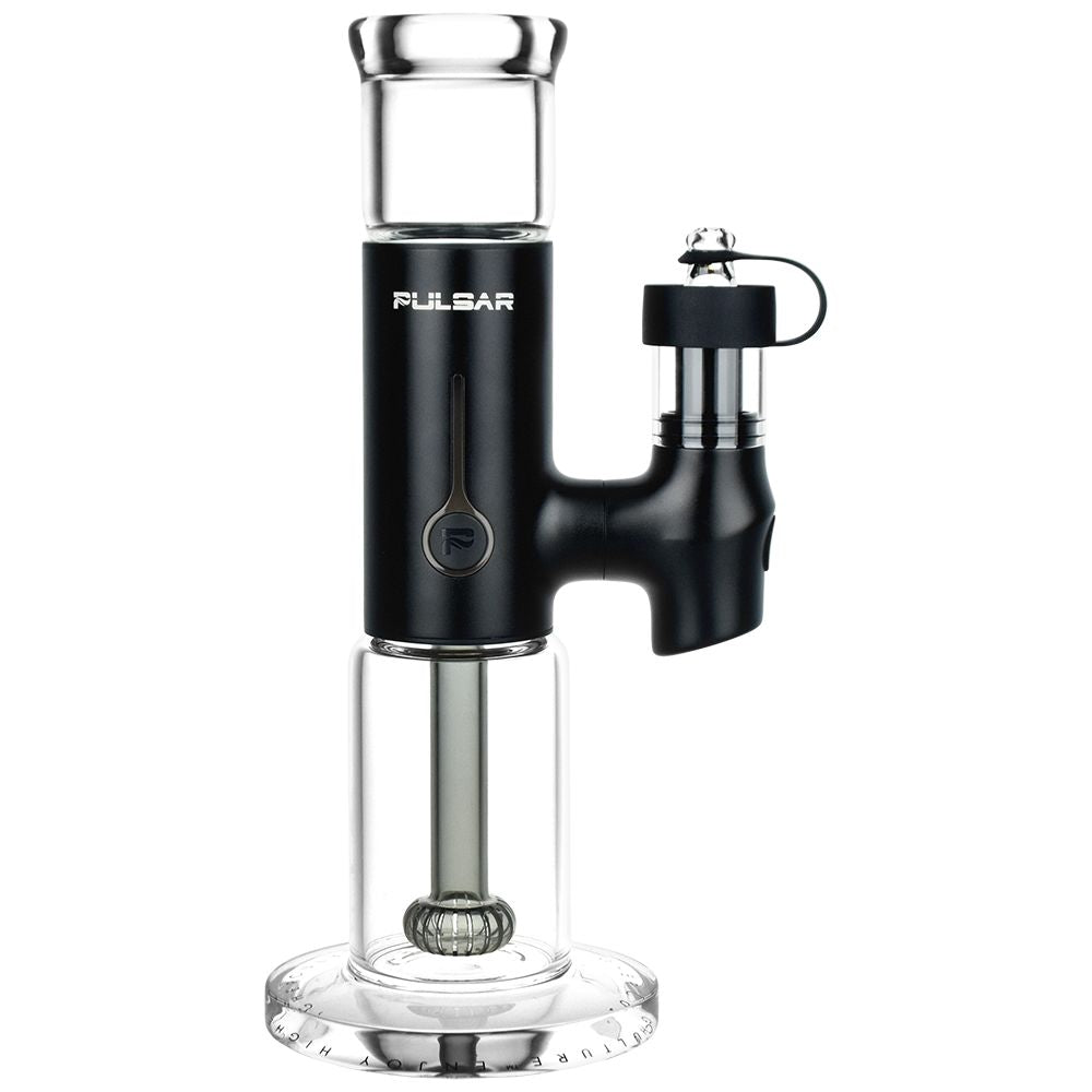 Front view of the APX eRig, a small, black electronic dab rig with a clear glass water chamber. Front view of the APX eRig, a small, black electronic dab rig with a clear glass water chamber.