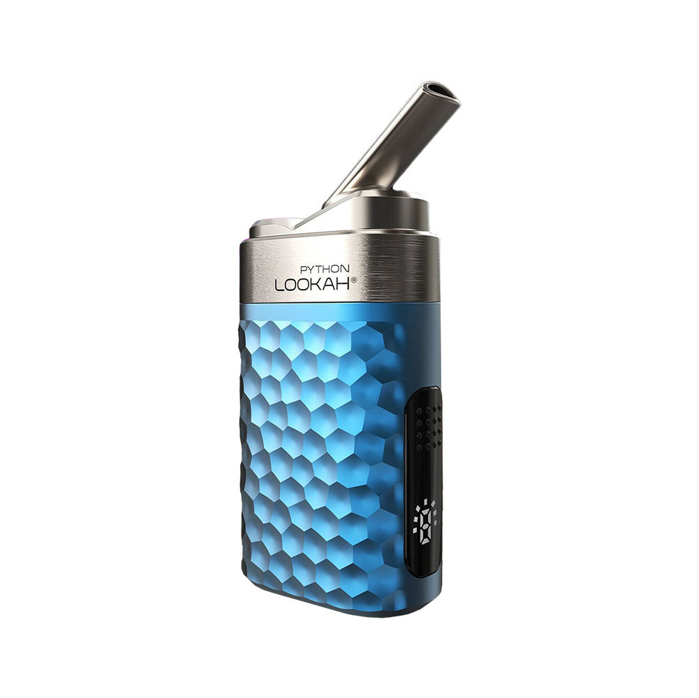 A studio shot of the Python Variable Voltage Wax Vaporizer, showcasing its sleek, blue design from a slightly angled front view. A studio shot of the Python Variable Voltage Wax Vaporizer, showcasing its sleek, blue design from a slightly angled front view.