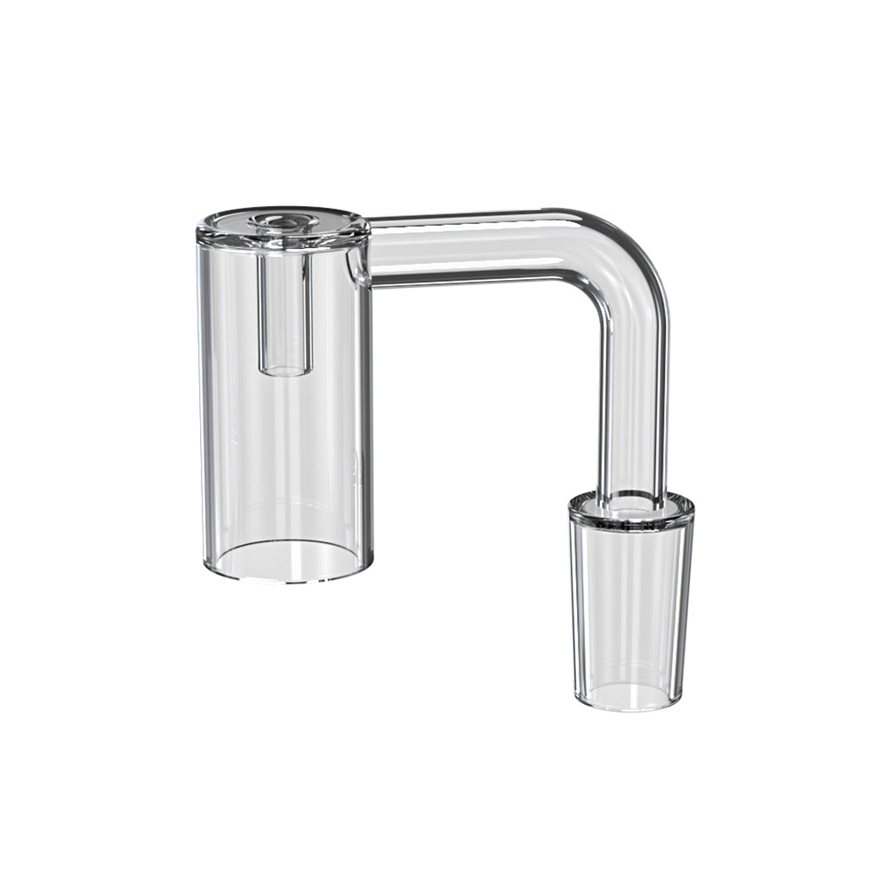 A side view of the Vlex Vape Pen Adapter For Rigs/Bongs, showing the clear glass connector against a plain white background. A side view of the Vlex Vape Pen Adapter For Rigs/Bongs, showing the clear glass connector against a plain white background.