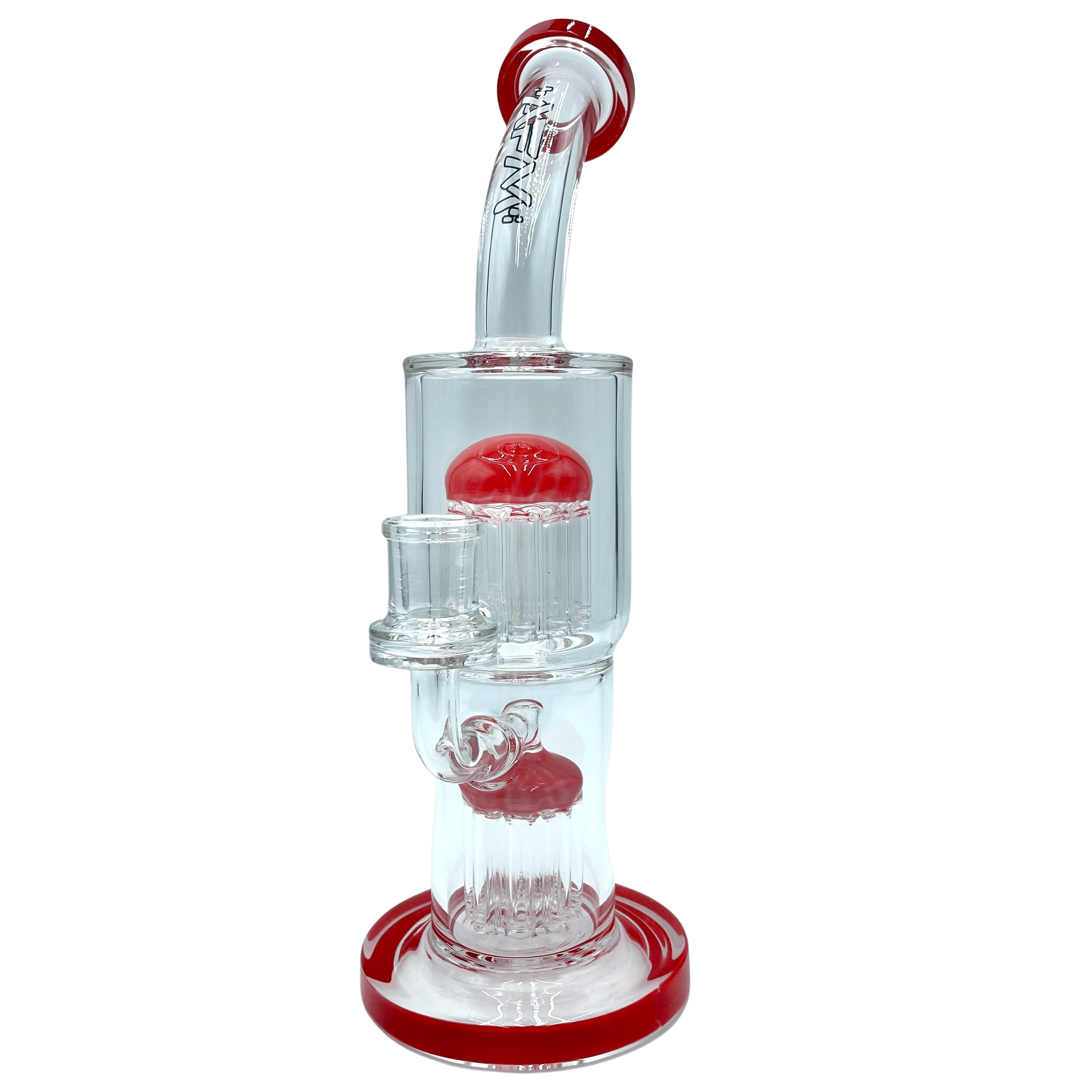 A studio shot of the 12-inch Double Arm Tree Rig, showcasing its clear glass construction and unique branching percolator design. A studio shot of the 12-inch Double Arm Tree Rig, showcasing its clear glass construction and unique branching percolator design.