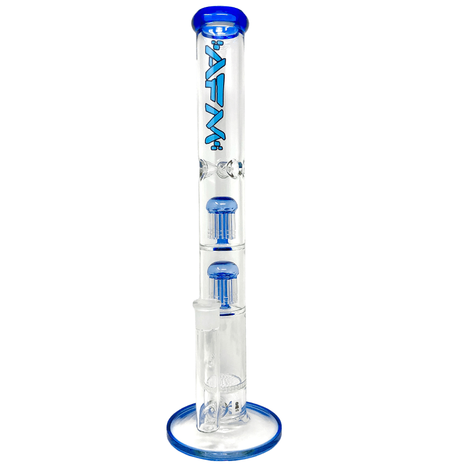 A studio shot displays the full length of The Double Ripper 18" glass bong, set against a plain white background. A studio shot displays the full length of The Double Ripper 18" glass bong, set against a plain white background.