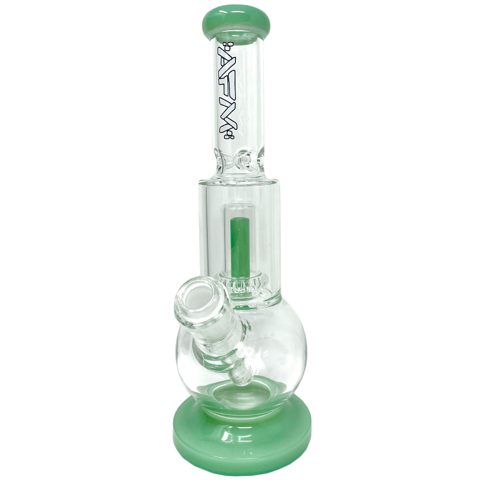 A front view of the Bubble Bottom 10" glass piece features a rounded base and clear construction, set against a plain white background. A front view of the Bubble Bottom 10" glass piece features a rounded base and clear construction, set against a plain white background.