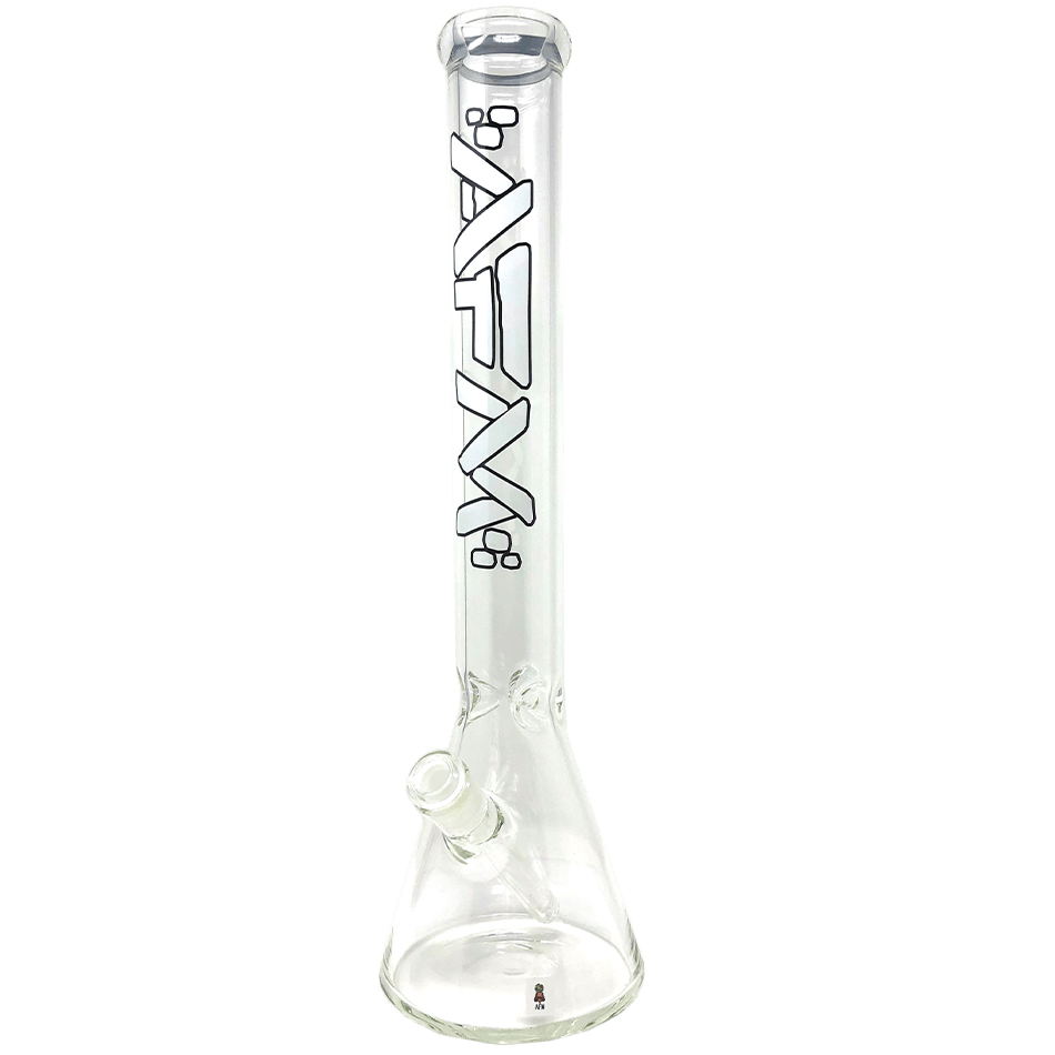 A studio shot of The Beaker 5mm - 18" glass water pipe, viewed from a slight angle against a plain white backdrop. A studio shot of The Beaker 5mm - 18" glass water pipe, viewed from a slight angle against a plain white backdrop.
