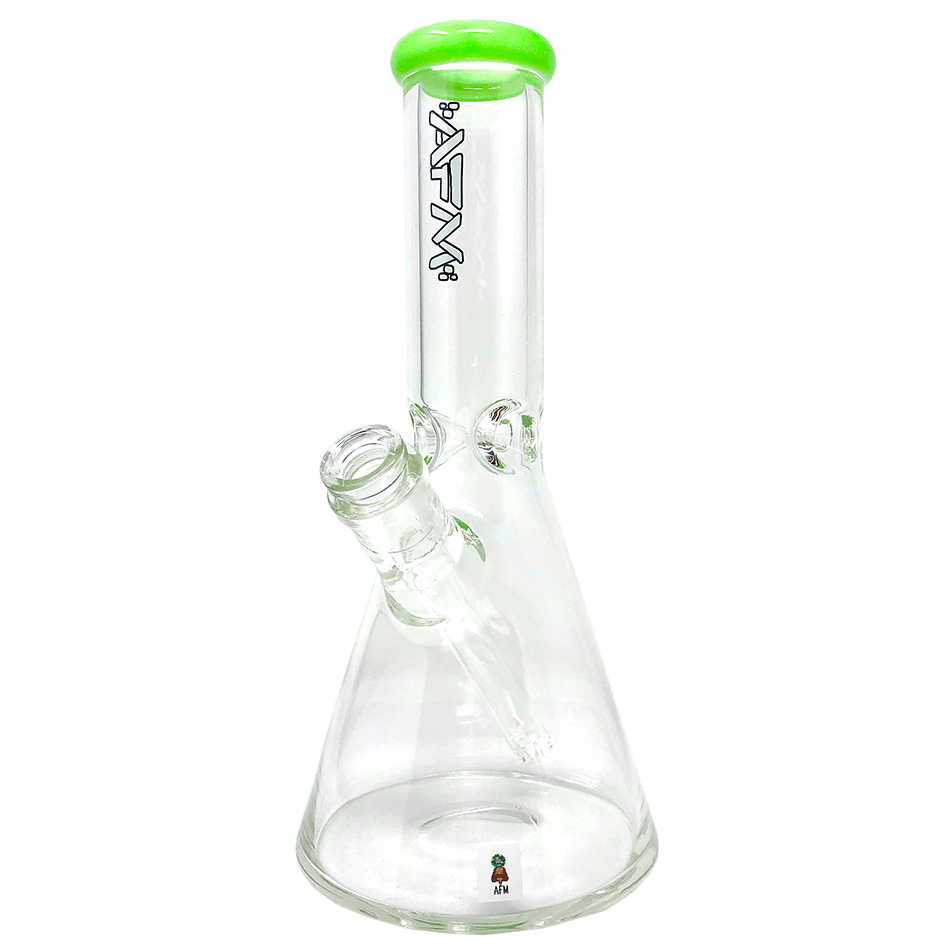 Front view of The Classic Beaker 10" with a green color lip, showcasing its clean glass design against a plain white backdrop. Front view of The Classic Beaker 10" with a green color lip, showcasing its clean glass design against a plain white backdrop.