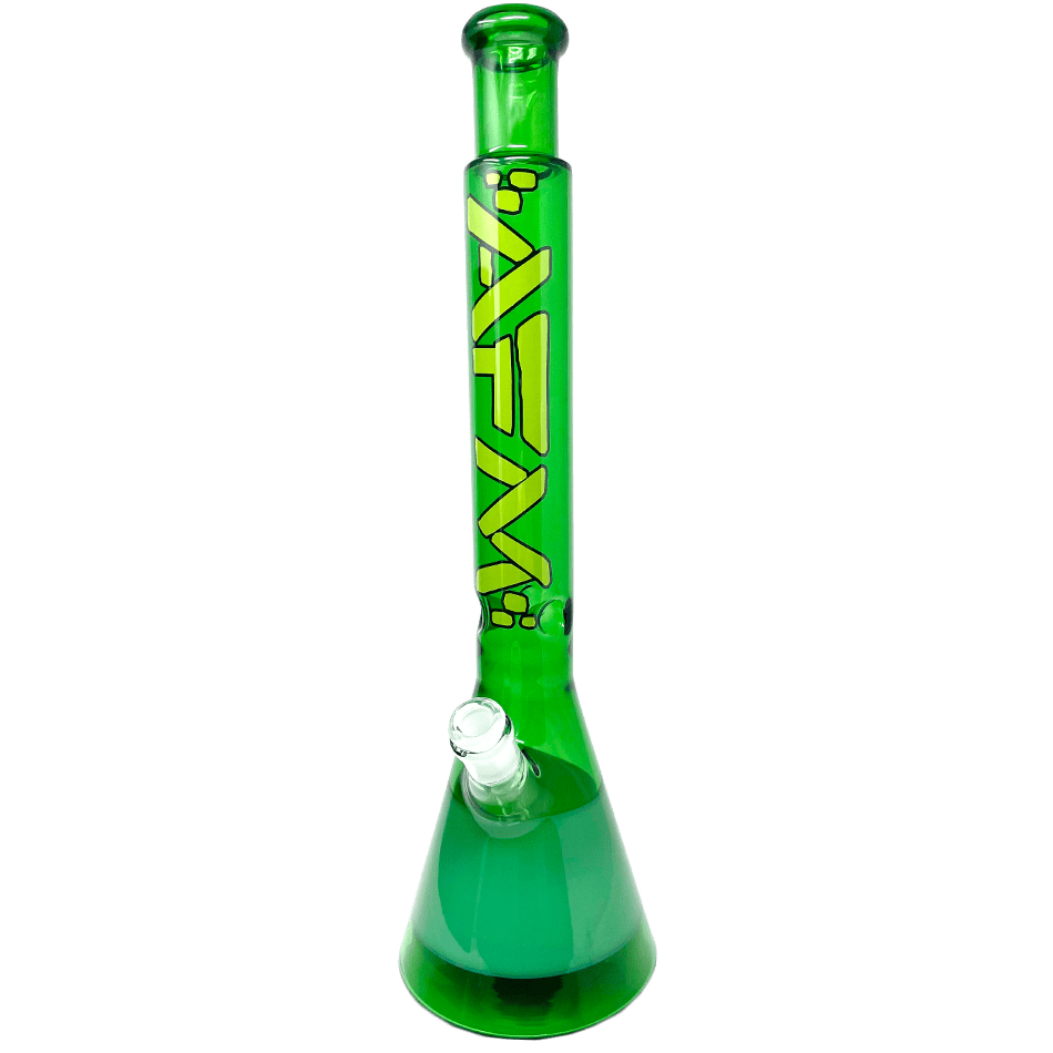 Front view of the 18-inch tall The Quasar Beaker in milky green, showcasing its classic beaker shape and clear glass construction. Front view of the 18-inch tall The Quasar Beaker in milky green, showcasing its classic beaker shape and clear glass construction.