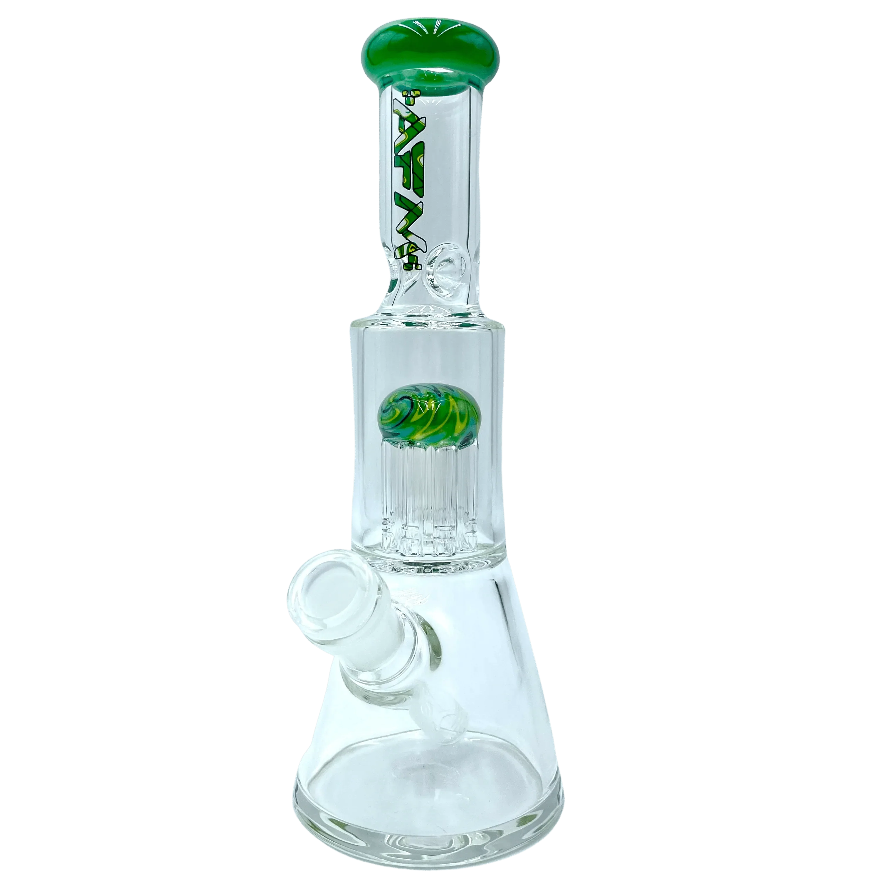 Front view of the 10" The Reversal Mini Beaker, a clear glass beaker with a green accent on the mouthpiece. Front view of the 10" The Reversal Mini Beaker, a clear glass beaker with a green accent on the mouthpiece.