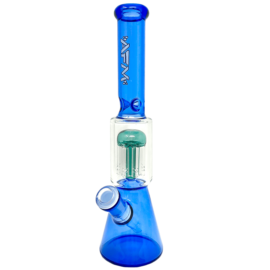 A front view of the 10-inch Tree Perc Beaker, showcasing its blue glass construction and classic beaker shape. A front view of the 10-inch Tree Perc Beaker, showcasing its blue glass construction and classic beaker shape.