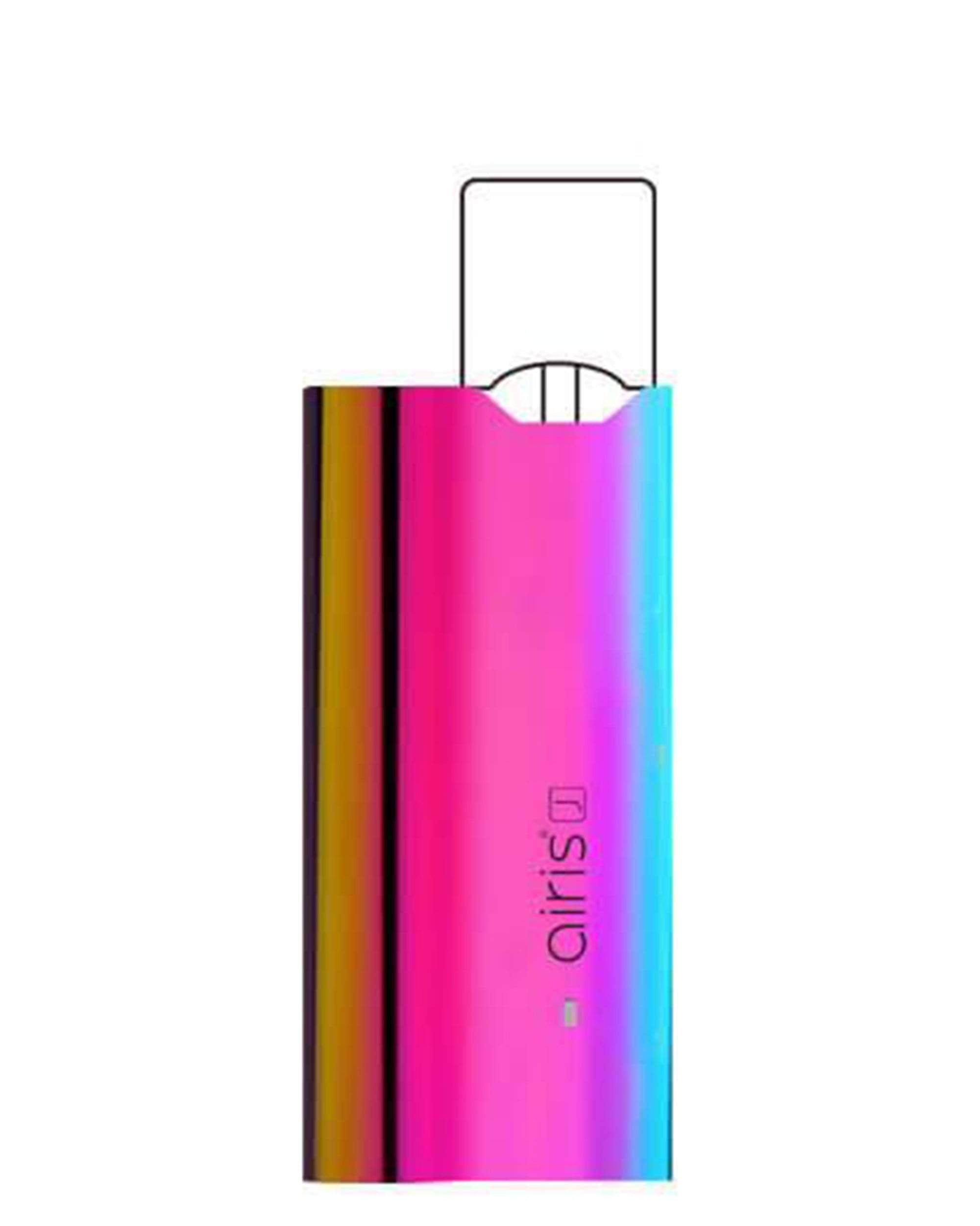 Front view of the Airis J Salt & E Juice Vaporizer, a sleek, silver device against a plain white background. Front view of the Airis J Salt & E Juice Vaporizer, a sleek, silver device against a plain white background.