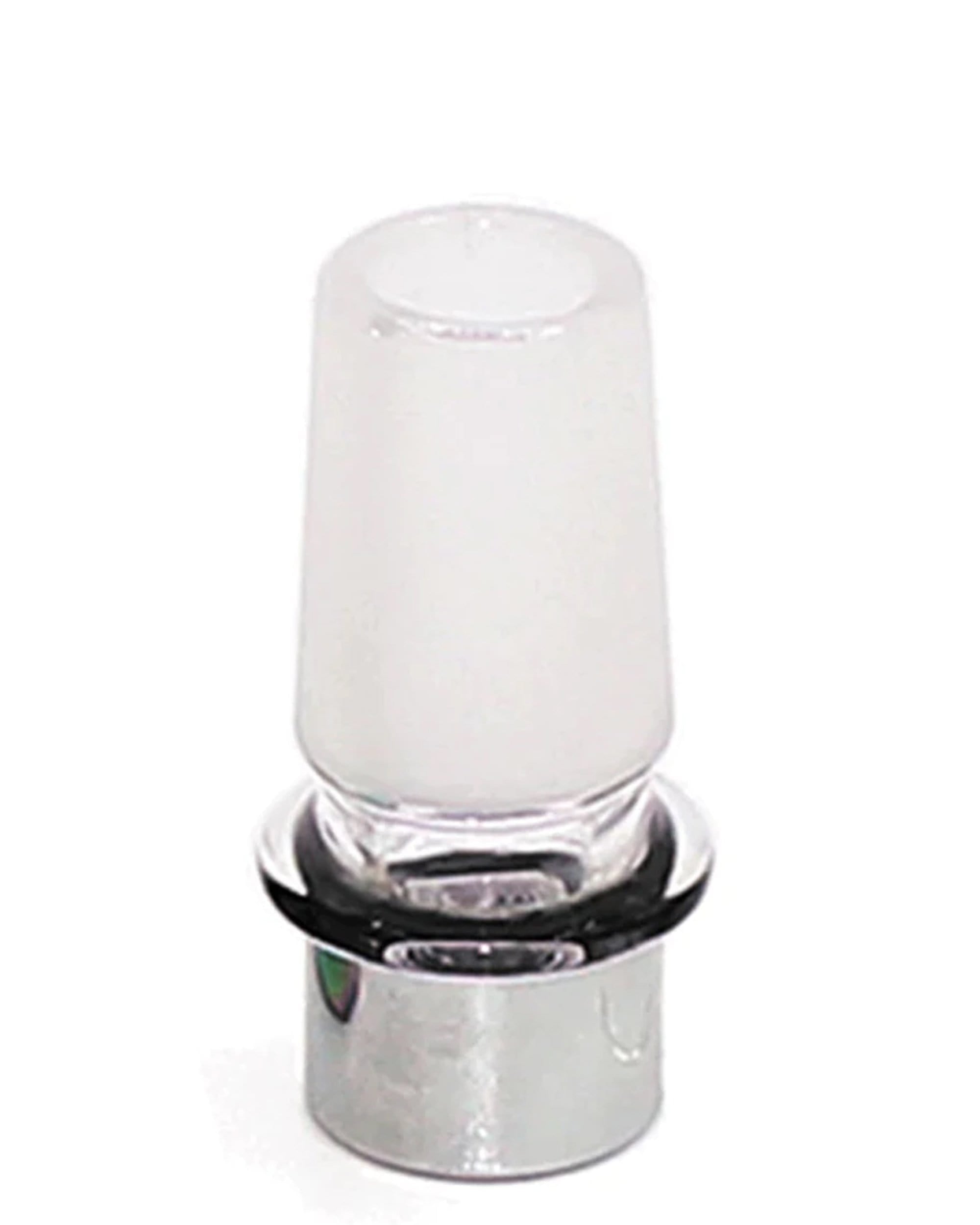 A close-up, angled view of the Dabble Glass Connector - 14mm, showcasing its clear glass construction and circular shape. A close-up, angled view of the Dabble Glass Connector - 14mm, showcasing its clear glass construction and circular shape.