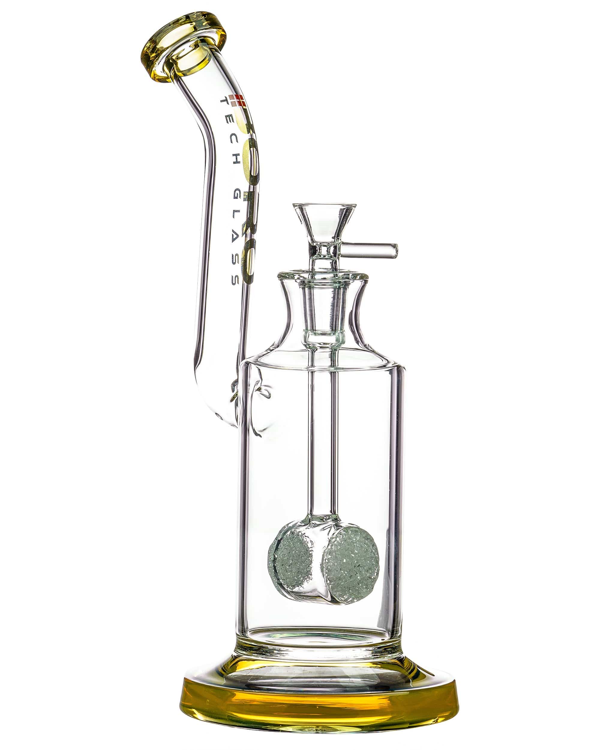 Front view of the Fritted Barrel Sherlock Bubbler, showcasing its textured glass and curved neck design against a plain white background. Front view of the Fritted Barrel Sherlock Bubbler, showcasing its textured glass and curved neck design against a plain white background.