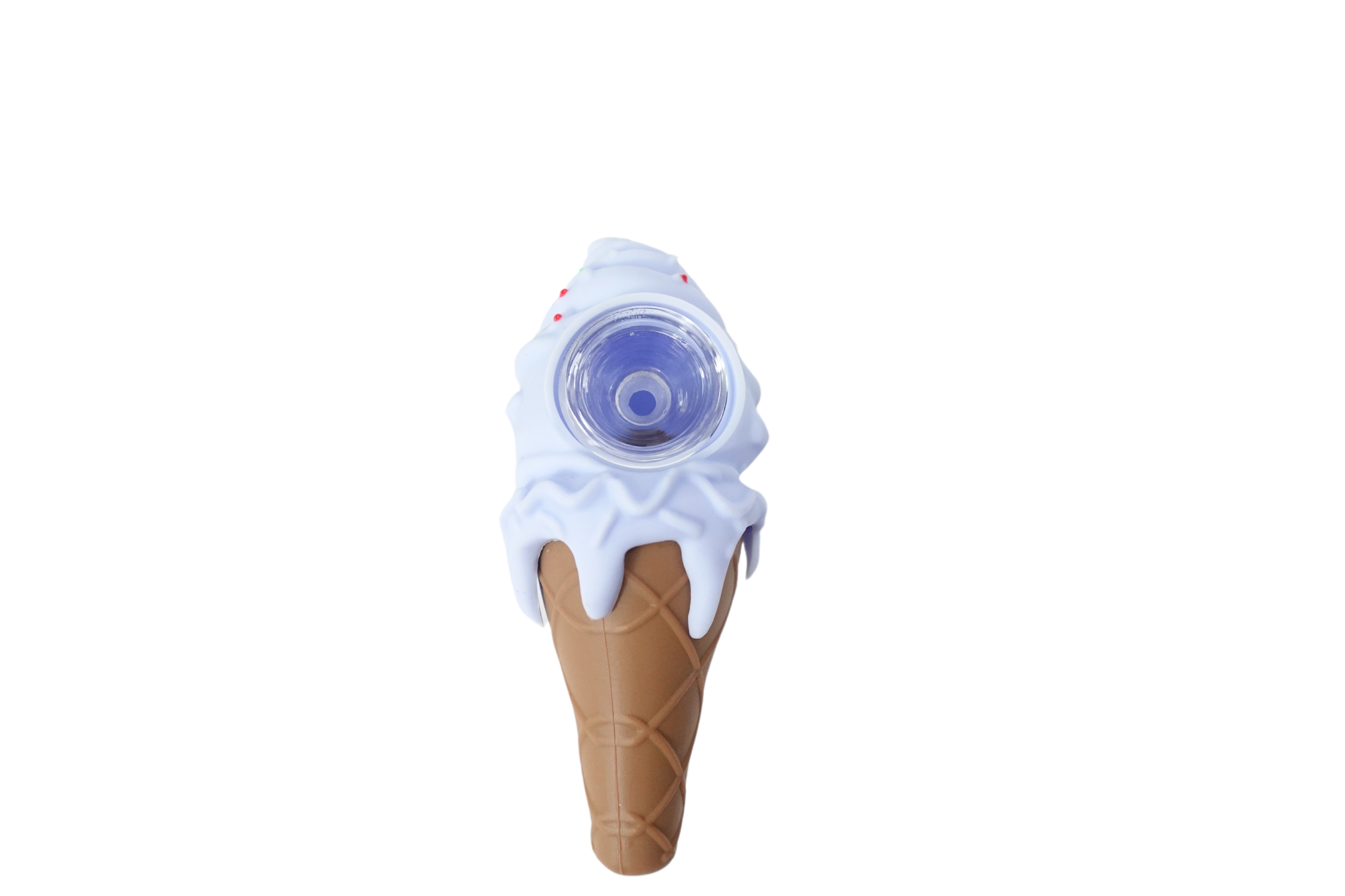 A front view of the Silicone Ice Cream Cone Hand Pipe, showcasing its playful design and cone-shaped form. A front view of the Silicone Ice Cream Cone Hand Pipe, showcasing its playful design and cone-shaped form.
