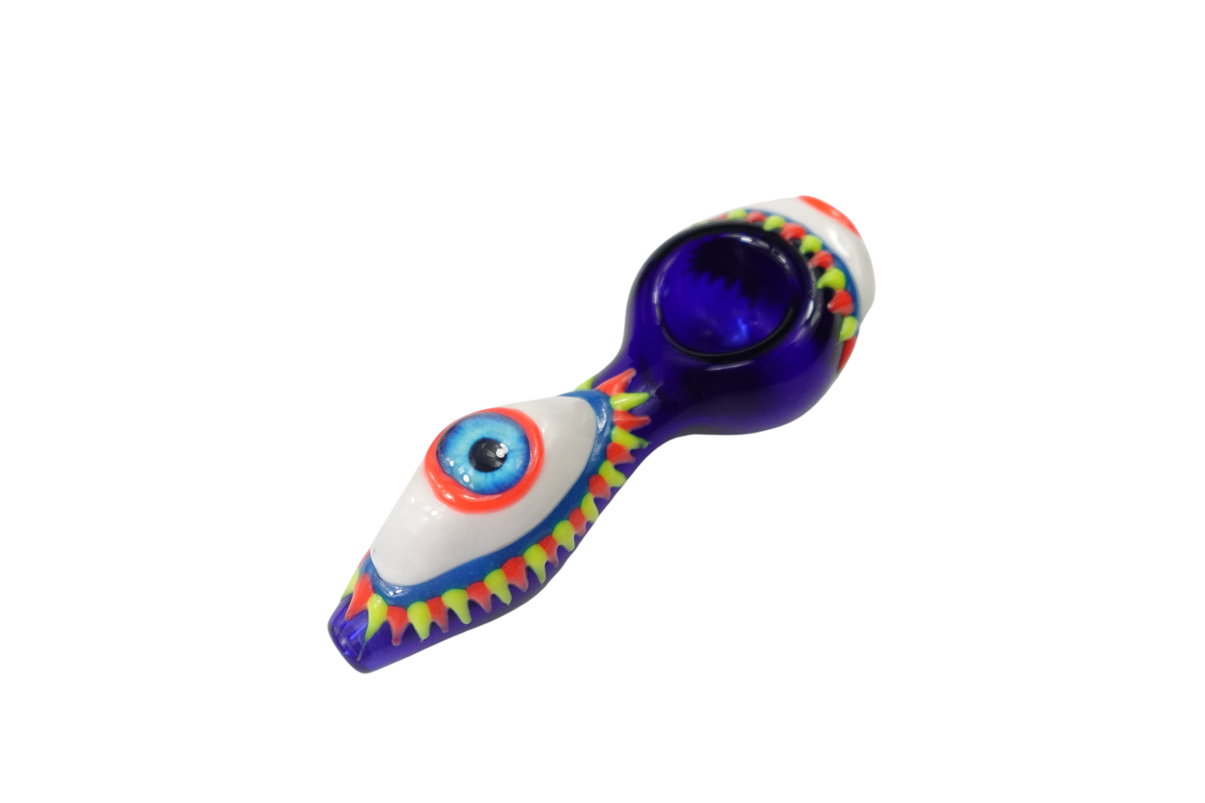 A side view of the One Eye Monster Glass Spoon Pipe with a colorful, sculpted design and a rounded bowl. A side view of the One Eye Monster Glass Spoon Pipe with a colorful, sculpted design and a rounded bowl.