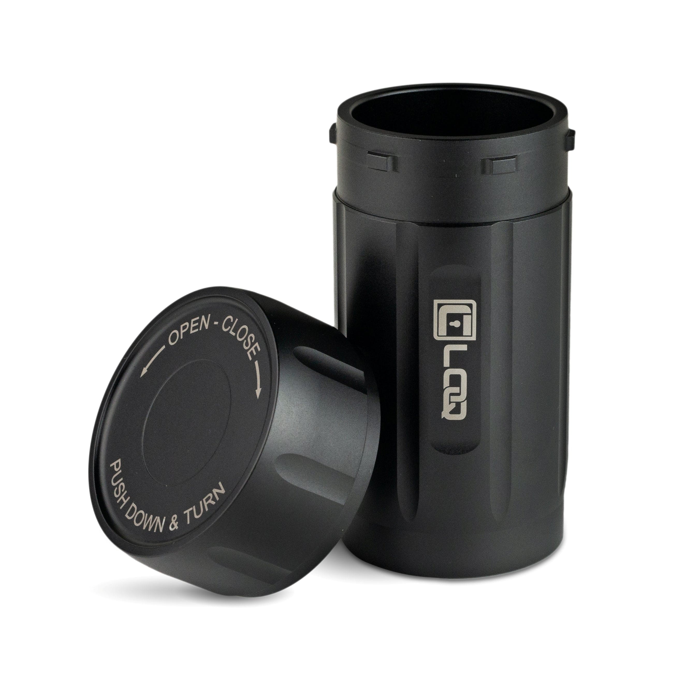 A slightly angled view of the open TXD120 Premium Herb Storage Canister, showing its sleek, dark-colored cylindrical shape. A slightly angled view of the open TXD120 Premium Herb Storage Canister, showing its sleek, dark-colored cylindrical shape.