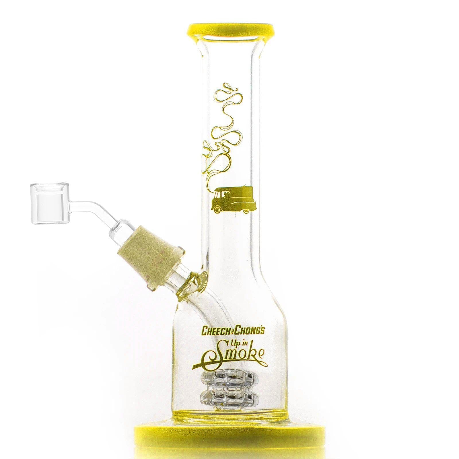 A three-quarter view of the Jade East 7” Dab Rig, showcasing its clear glass construction and angled mouthpiece. A three-quarter view of the Jade East 7” Dab Rig, showcasing its clear glass construction and angled mouthpiece.