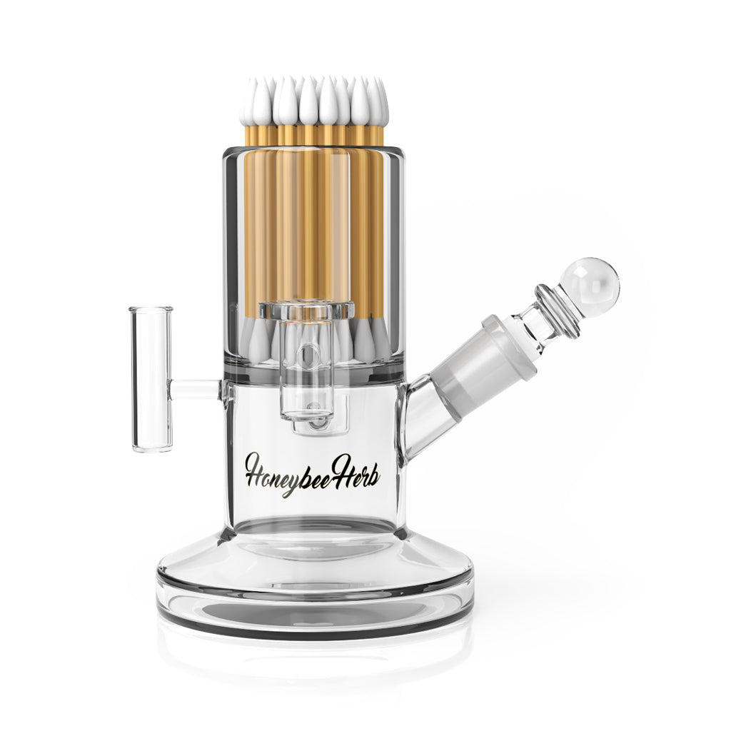 The HoneyPro ISO Station is displayed in a close-up, side view showing the clear glass construction and cylindrical shape. The HoneyPro ISO Station is displayed in a close-up, side view showing the clear glass construction and cylindrical shape.