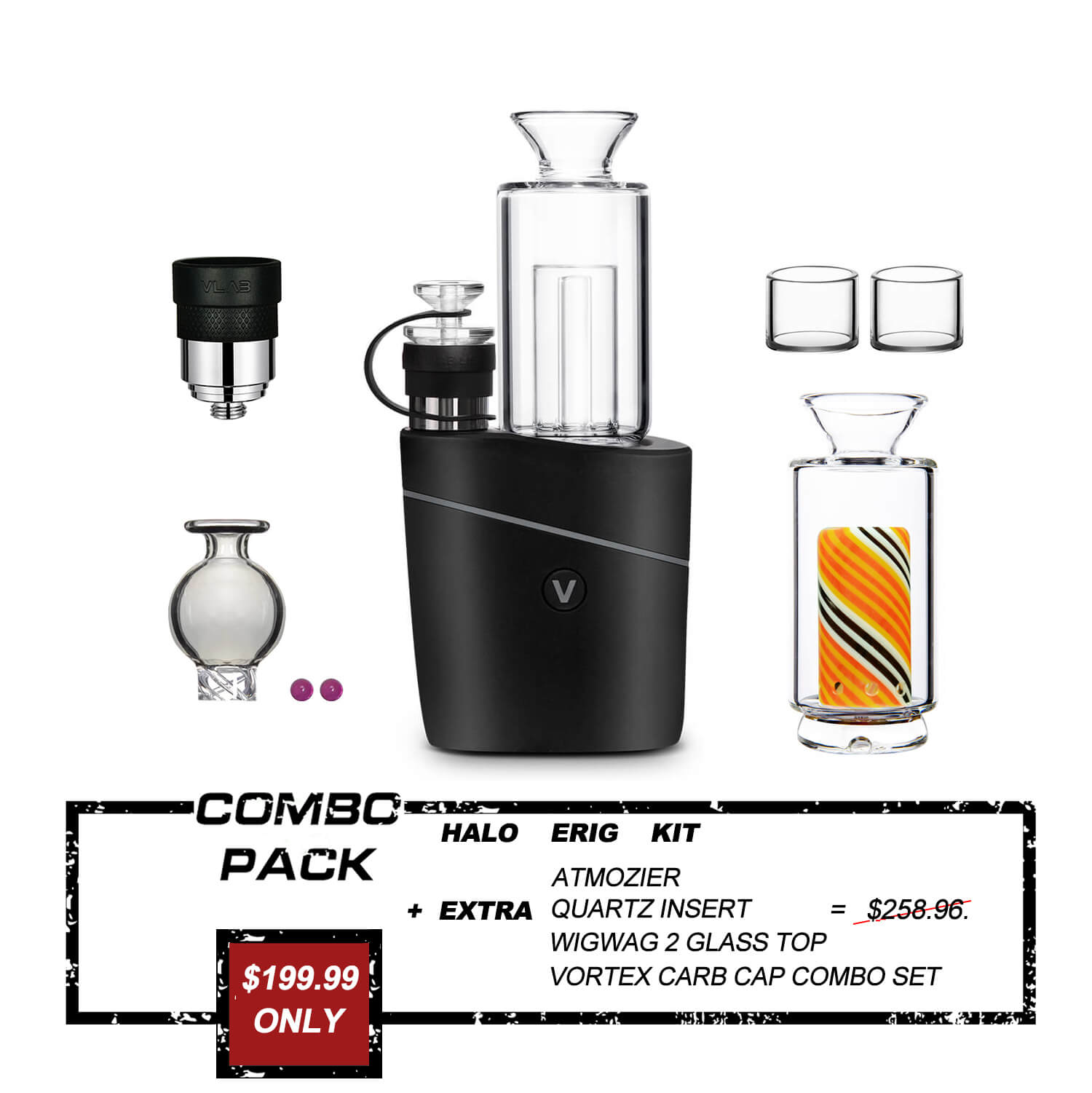 Halo Bundle displayed with a glass insert and additional pieces in a promotional shot with pricing details. Halo Bundle displayed with a glass insert and additional pieces in a promotional shot with pricing details.