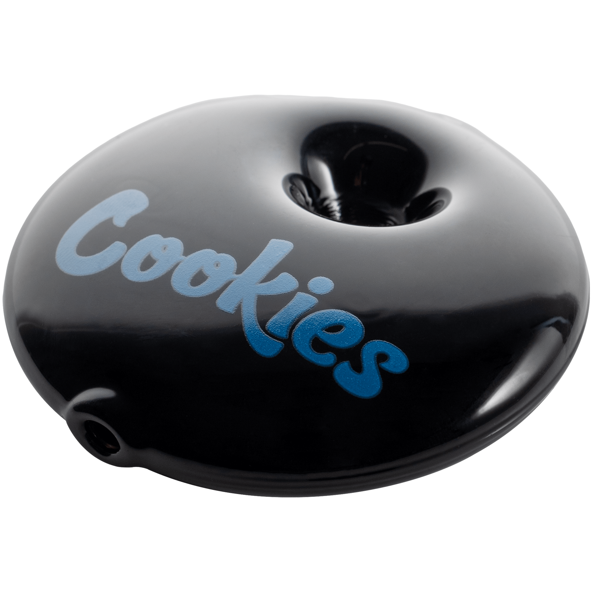 A close-up, angled view of the Cookie Bite Pipe, showcasing its glossy black finish and smooth, curved design. A close-up, angled view of the Cookie Bite Pipe, showcasing its glossy black finish and smooth, curved design.