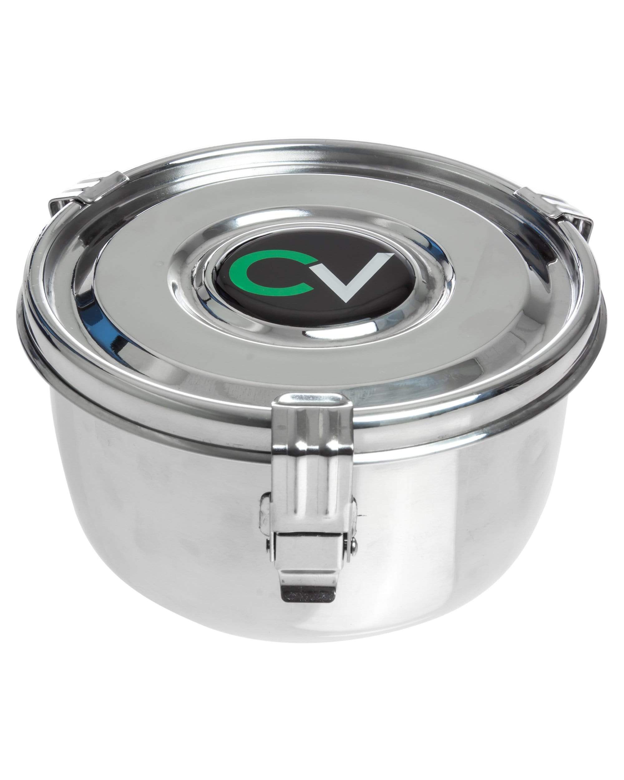 Front view of the Storage Container, a clear glass jar with a silver metal clasp, isolated on a white background. Front view of the Storage Container, a clear glass jar with a silver metal clasp, isolated on a white background.