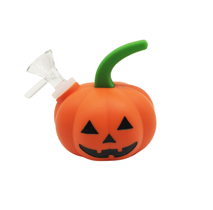 Front view of the Silicone Pumpkin Hand Pipe, displaying an orange, pumpkin-shaped pipe with a green stem and carved facial features. Front view of the Silicone Pumpkin Hand Pipe, displaying an orange, pumpkin-shaped pipe with a green stem and carved facial features.