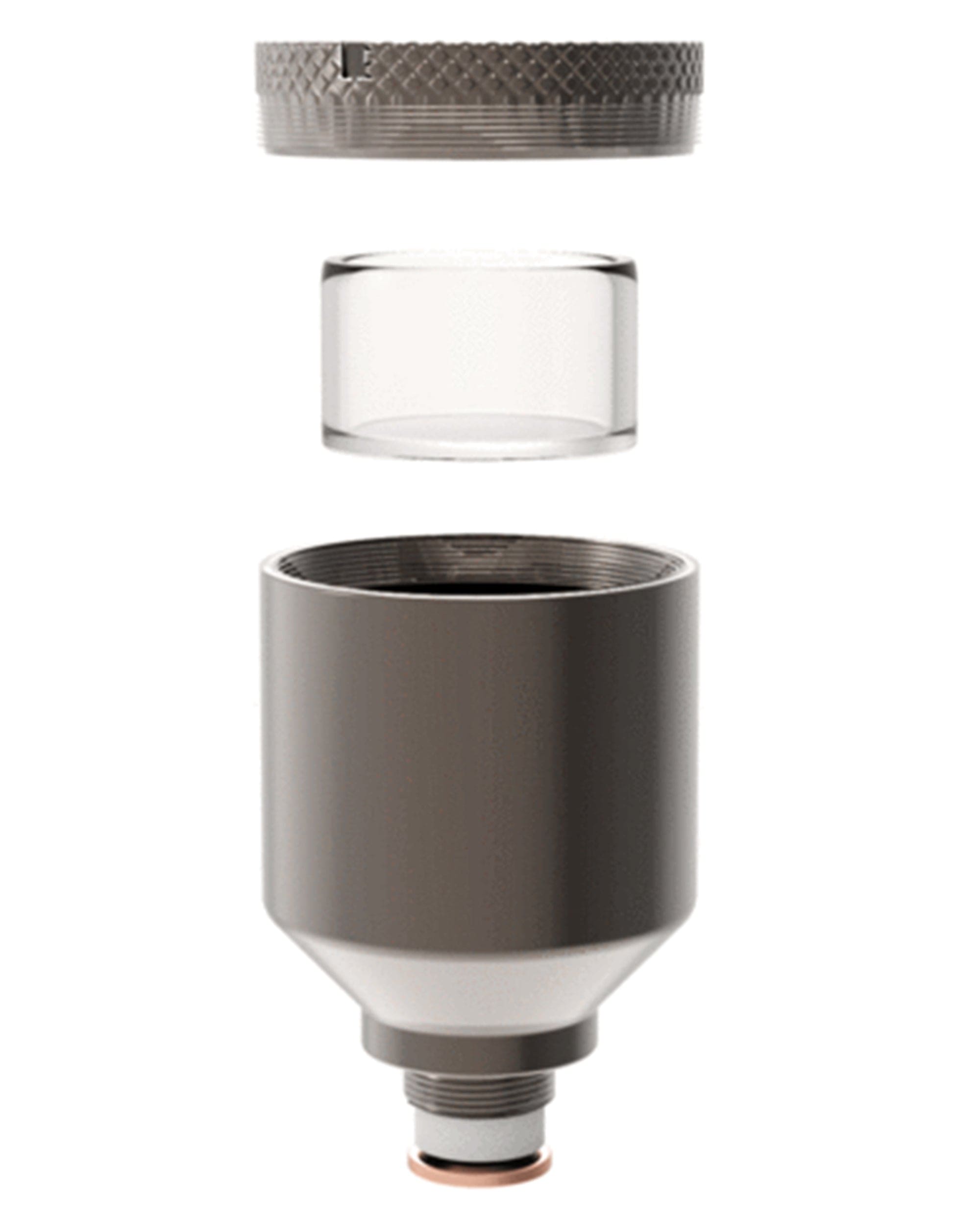 A close-up, angled view of the Duvo Replacement Atomizer, showcasing its clear glass construction and metallic threading. A close-up, angled view of the Duvo Replacement Atomizer, showcasing its clear glass construction and metallic threading.