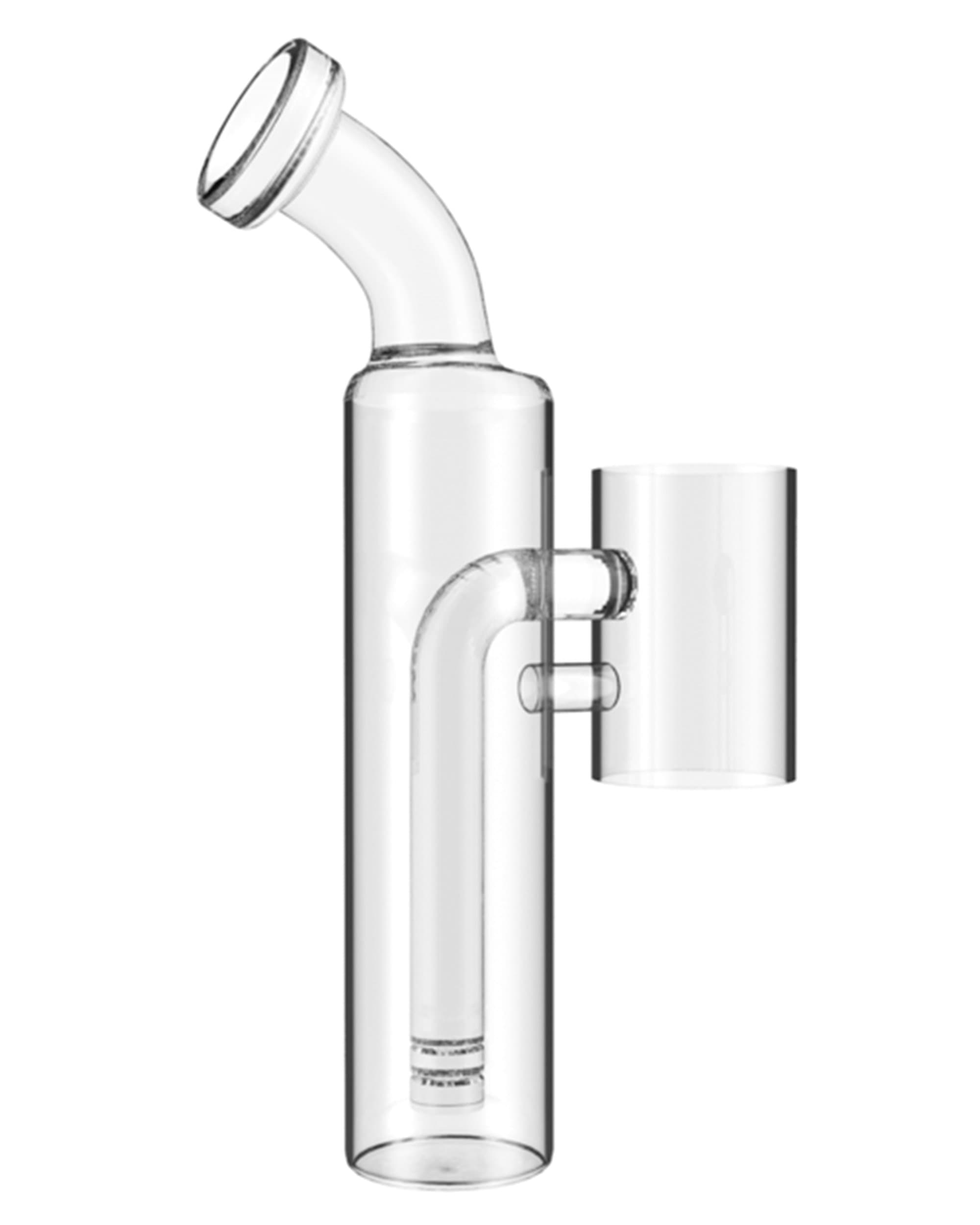 Front view of the Elite Plus Glass Attachment, a clear glass piece with a long, cylindrical body and curved neck. Front view of the Elite Plus Glass Attachment, a clear glass piece with a long, cylindrical body and curved neck.
