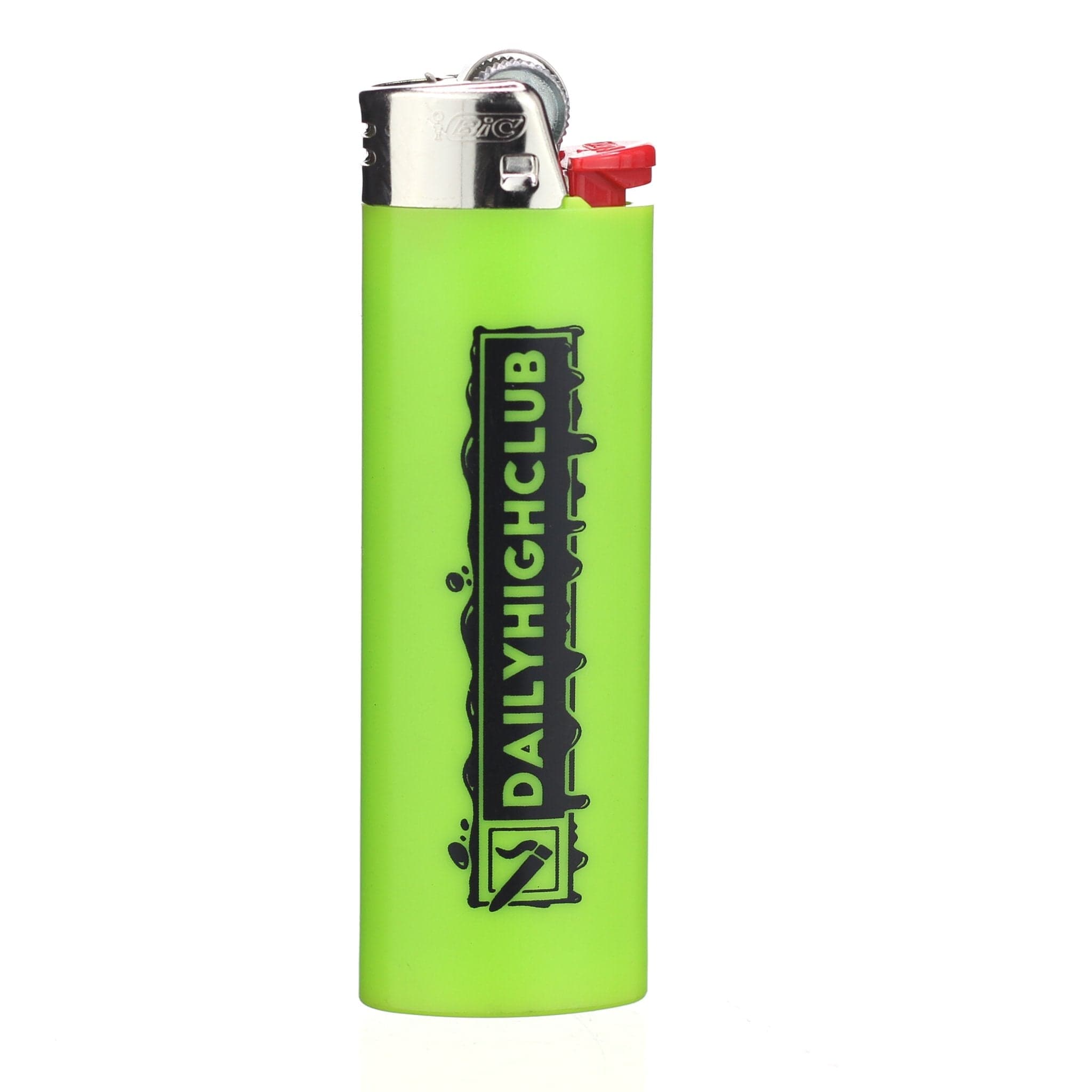 A close-up shows the Daily High Club Bic Lighter with a simple, classic design and visible branding on a white background. A close-up shows the Daily High Club Bic Lighter with a simple, classic design and visible branding on a white background.