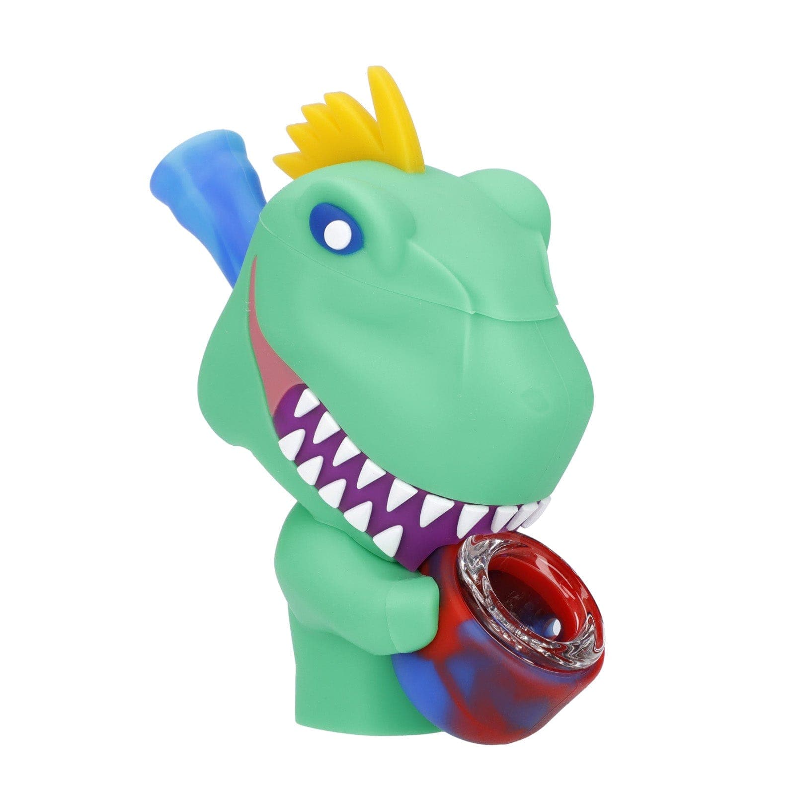 A slightly angled view of the Dino Silipipe, a colorful, cartoonish pipe with a red glass bowl and blue fin. A slightly angled view of the Dino Silipipe, a colorful, cartoonish pipe with a red glass bowl and blue fin.