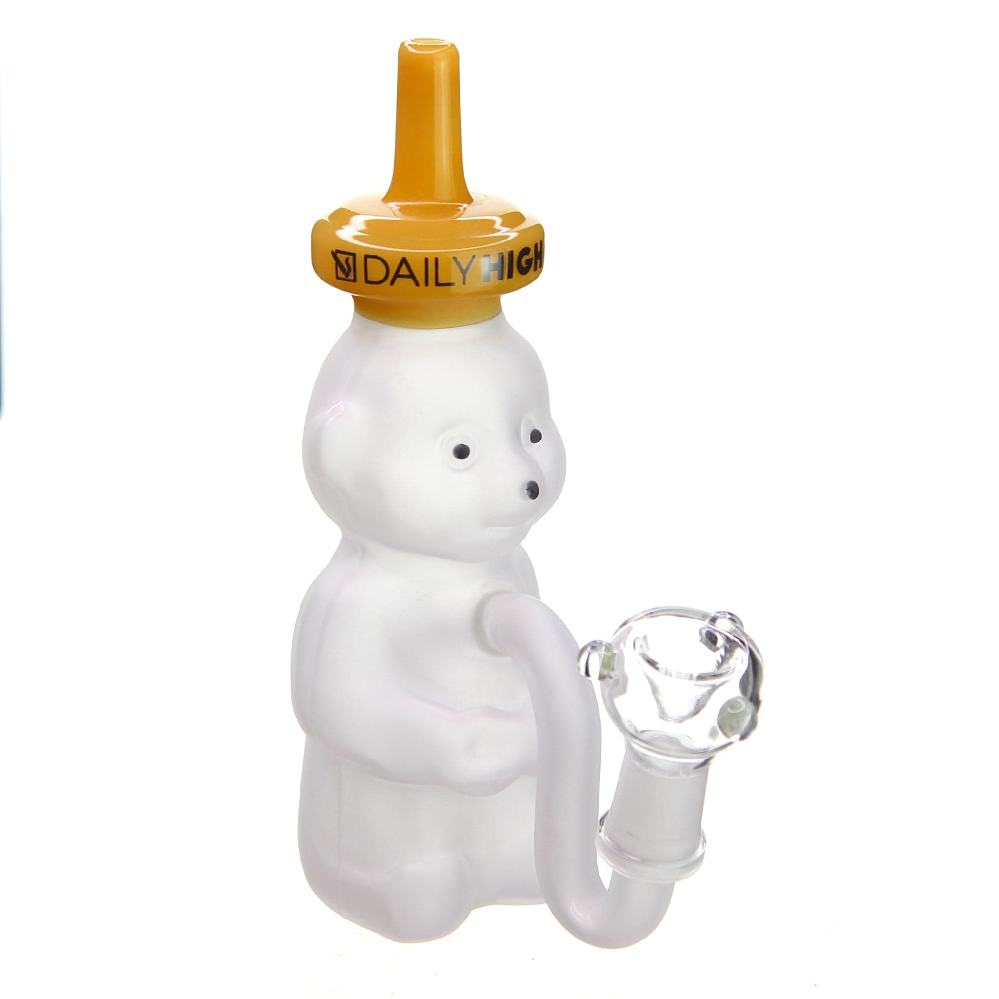 A front view of the Frosted Honey Bear Bong, showcasing its textured, bear-shaped glass body and clear mouthpiece. A front view of the Frosted Honey Bear Bong, showcasing its textured, bear-shaped glass body and clear mouthpiece.