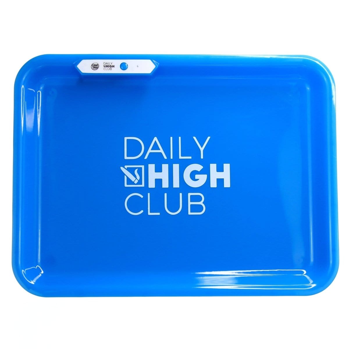 Overhead view of the GlowTray x Daily High Club LED Rolling Tray, illuminated with a soft glow on a dark surface. Overhead view of the GlowTray x Daily High Club LED Rolling Tray, illuminated with a soft glow on a dark surface.