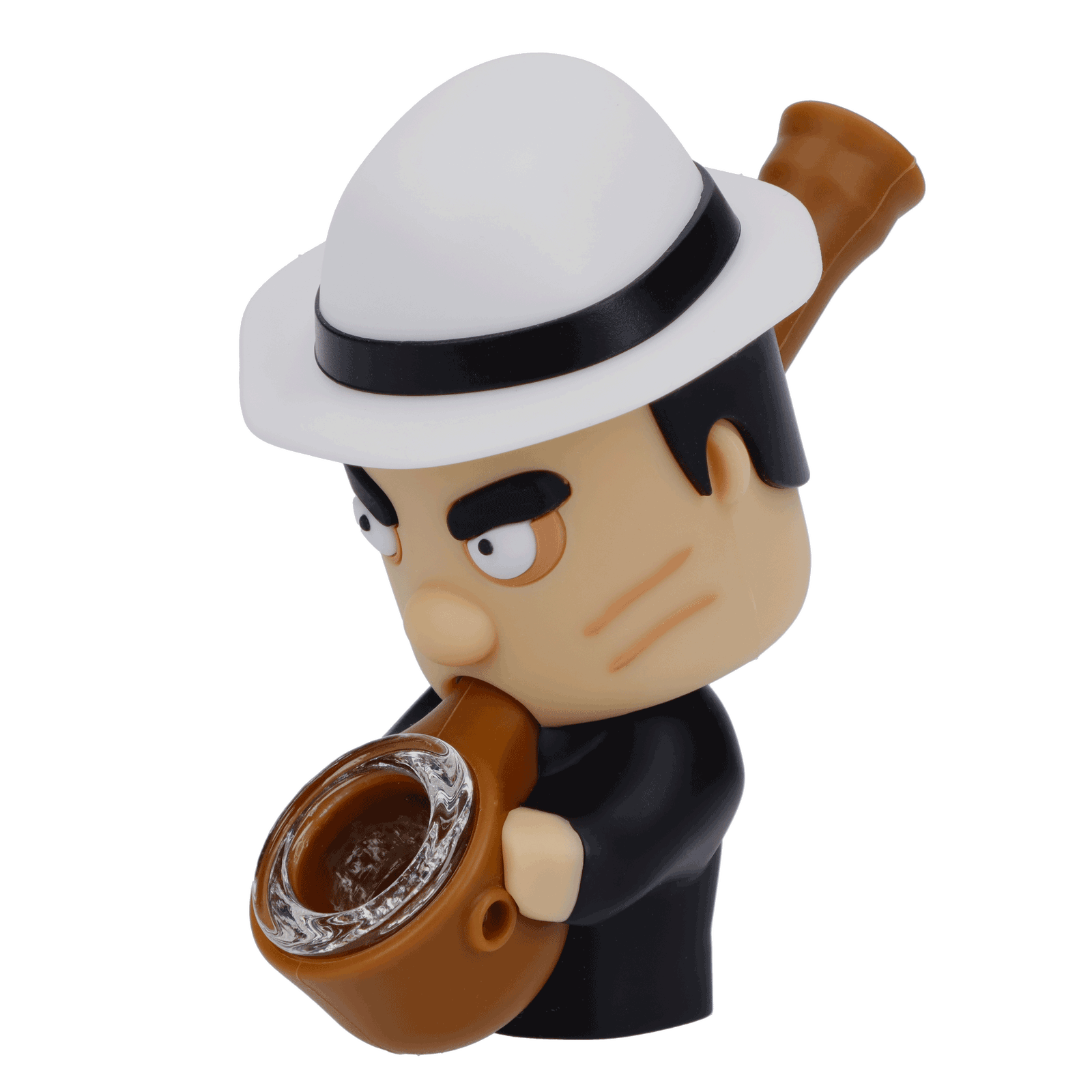 Front view of the Mobster Silipipe, a cartoonish pipe resembling a character with a hat, against a plain white background. Front view of the Mobster Silipipe, a cartoonish pipe resembling a character with a hat, against a plain white background.