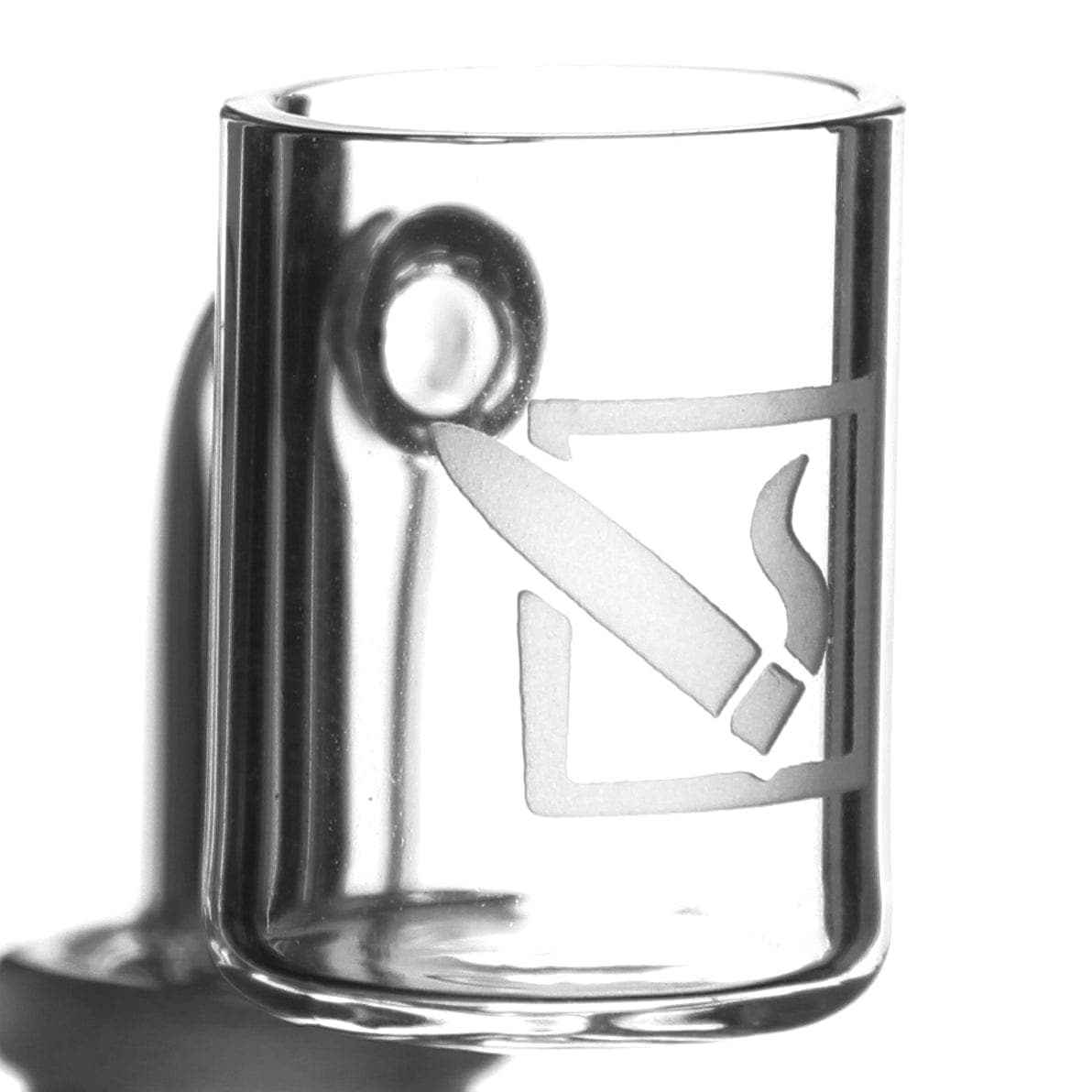 A side view of the Sandblasted Doob Logo Banger, showcasing the etched logo on clear glass with a soft shadow. A side view of the Sandblasted Doob Logo Banger, showcasing the etched logo on clear glass with a soft shadow.