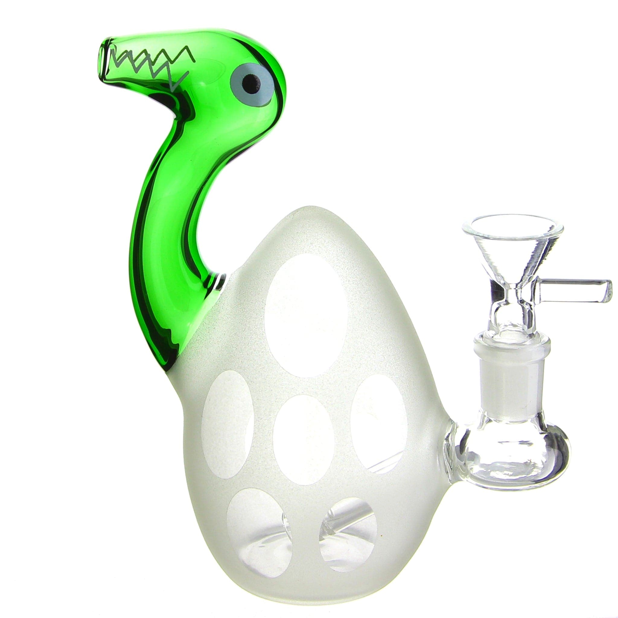 A three-quarter view of the Seshosaurus Bong, a green glass water pipe with a uniquely sculpted neck. A three-quarter view of the Seshosaurus Bong, a green glass water pipe with a uniquely sculpted neck.