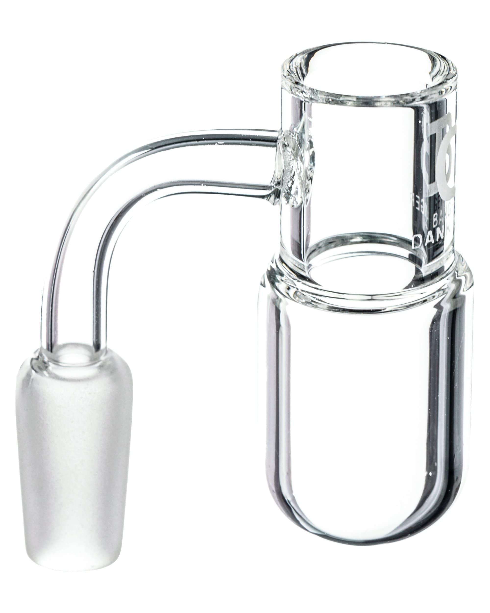 A close-up, angled view of the Rounded Beveled Splashguard Banger, displaying its clear glass construction and rounded form. A close-up, angled view of the Rounded Beveled Splashguard Banger, displaying its clear glass construction and rounded form.